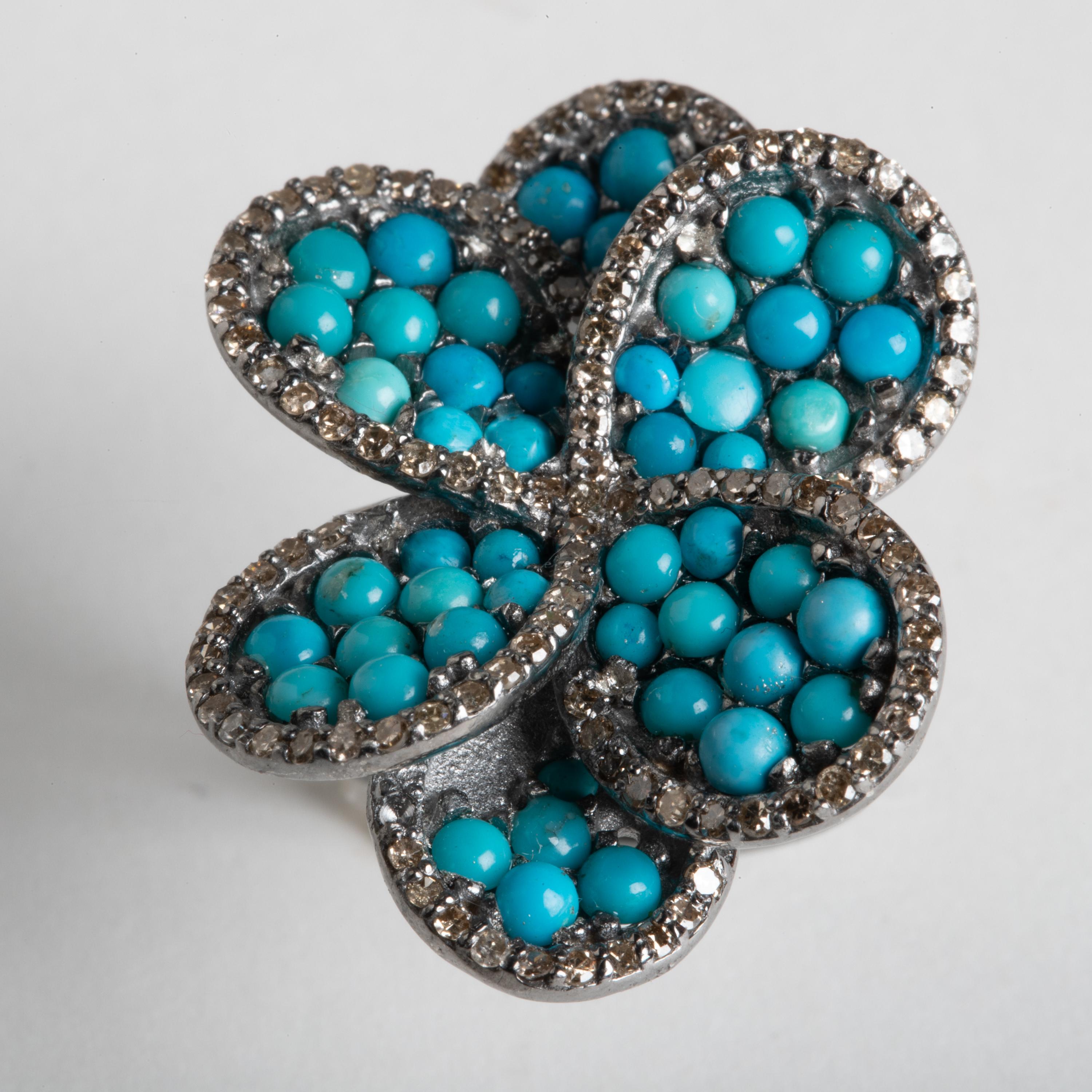 Turquoise Flower Cocktail Ring with Pave`-Set Diamonds 2