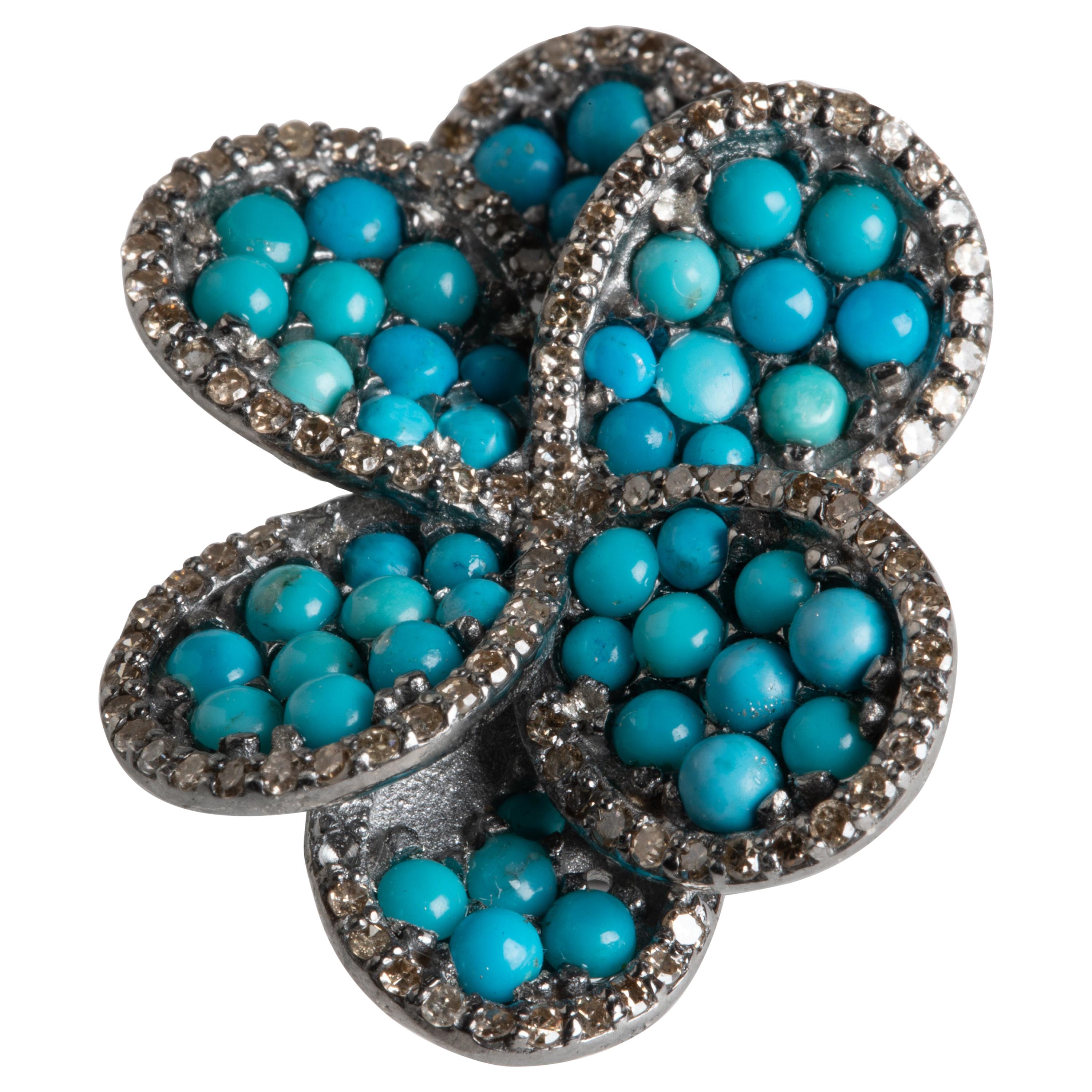 Turquoise Flower Cocktail Ring with Pave`-Set Diamonds