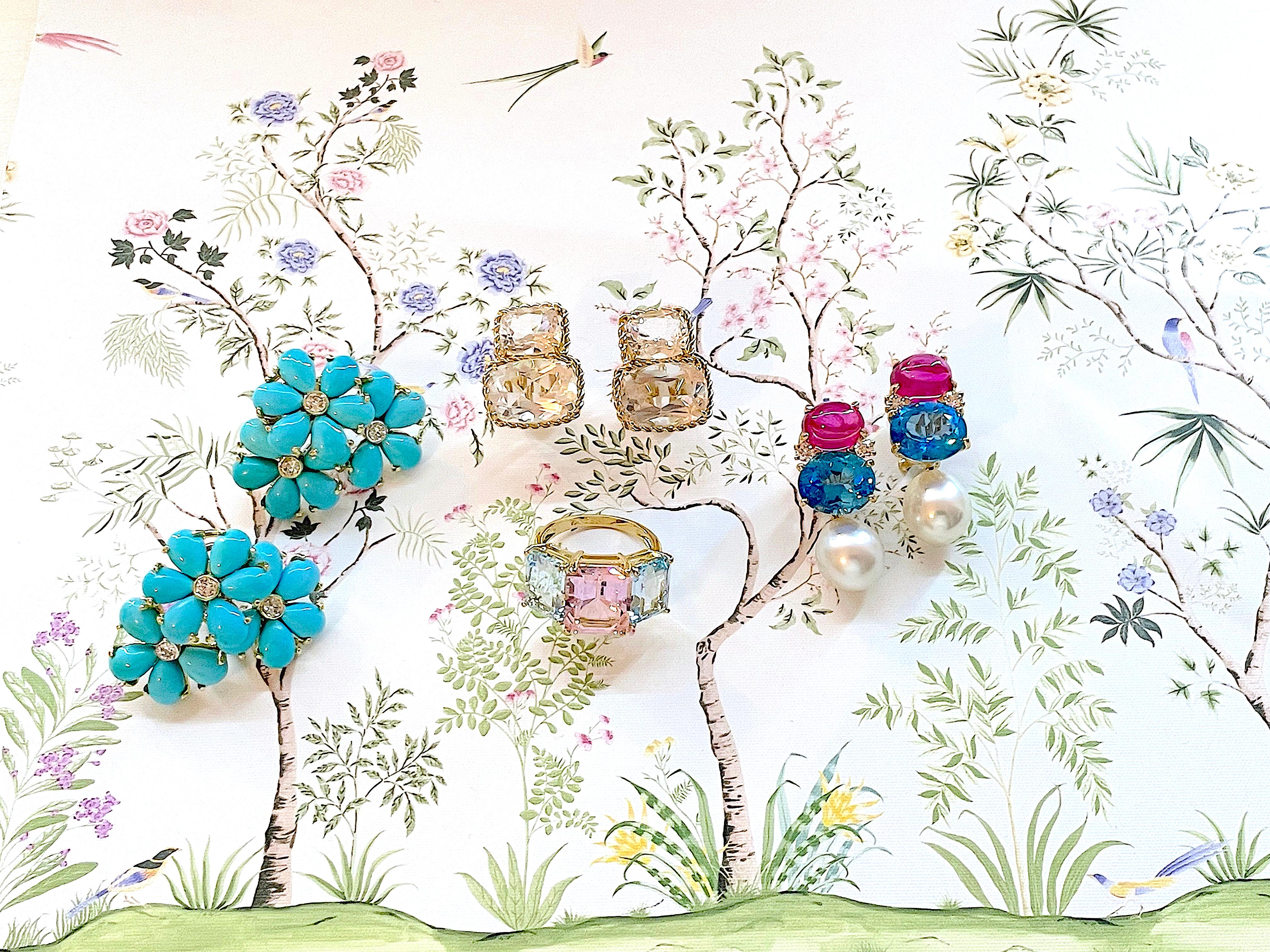 Turquoise Flower Diamonds Cluster Earrings For Sale 6