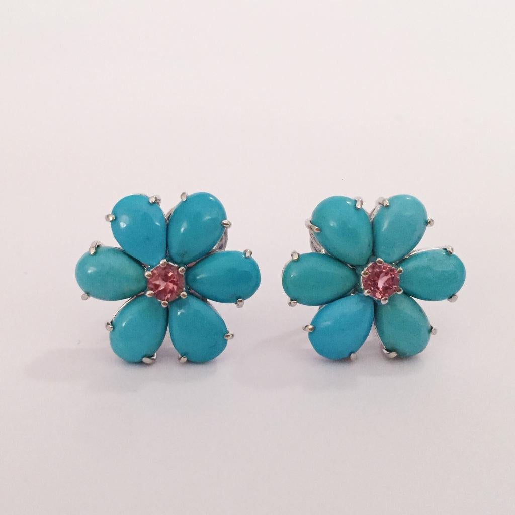 Turquoise Flower Diamonds Cluster Earrings For Sale 2