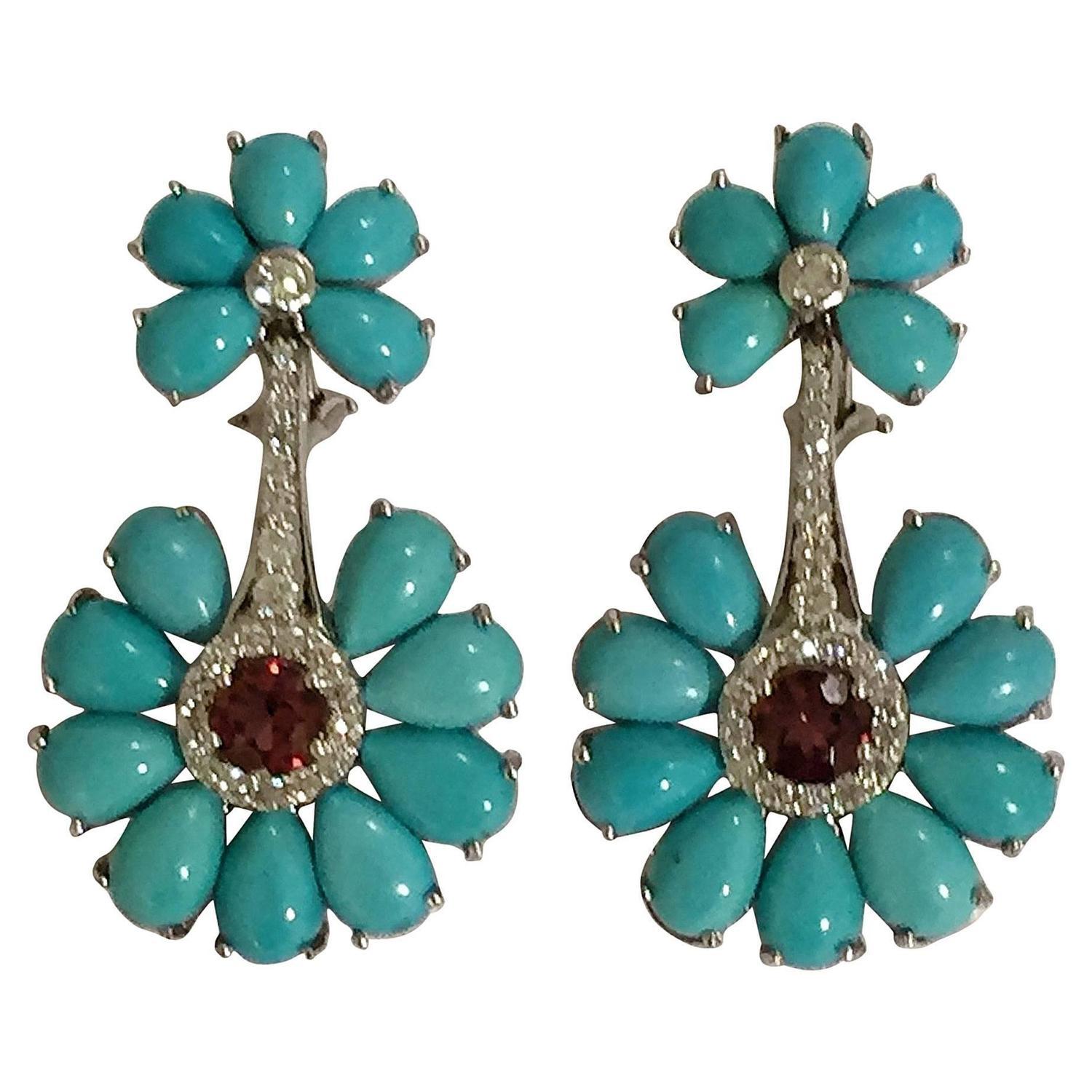 Turquoise Flower Diamonds Cluster Earrings For Sale 3