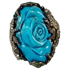 Turquoise Flower Ring with Diamonds, Emeralds, Tsavorites in 18k Gold Silver