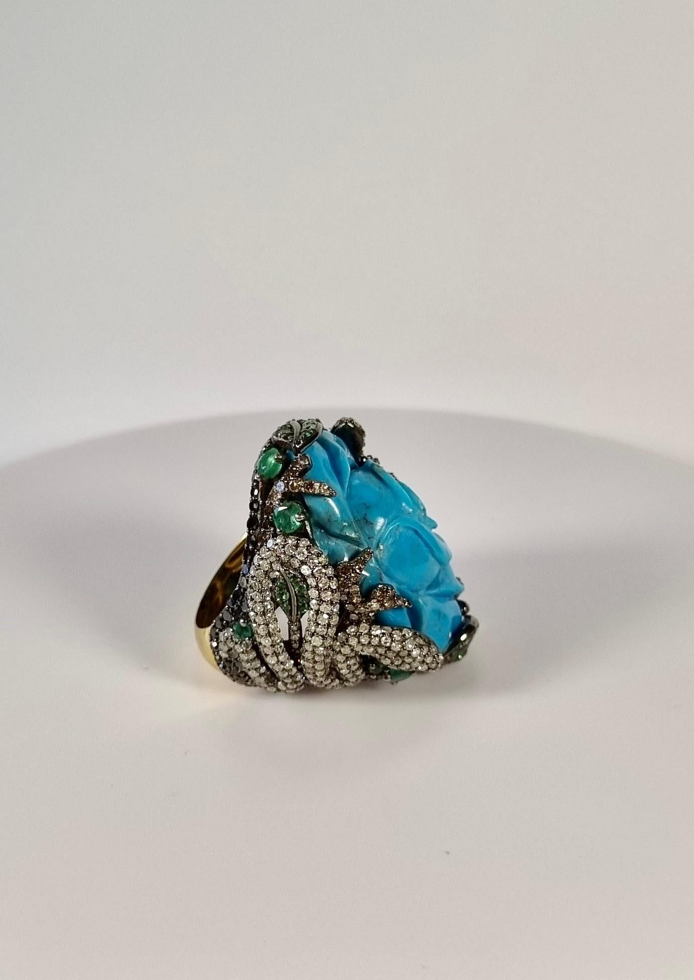 Contemporary Turquoise Flower Ring with Diamonds, Emeralds, Tsavorites in 18k Gold Silver For Sale