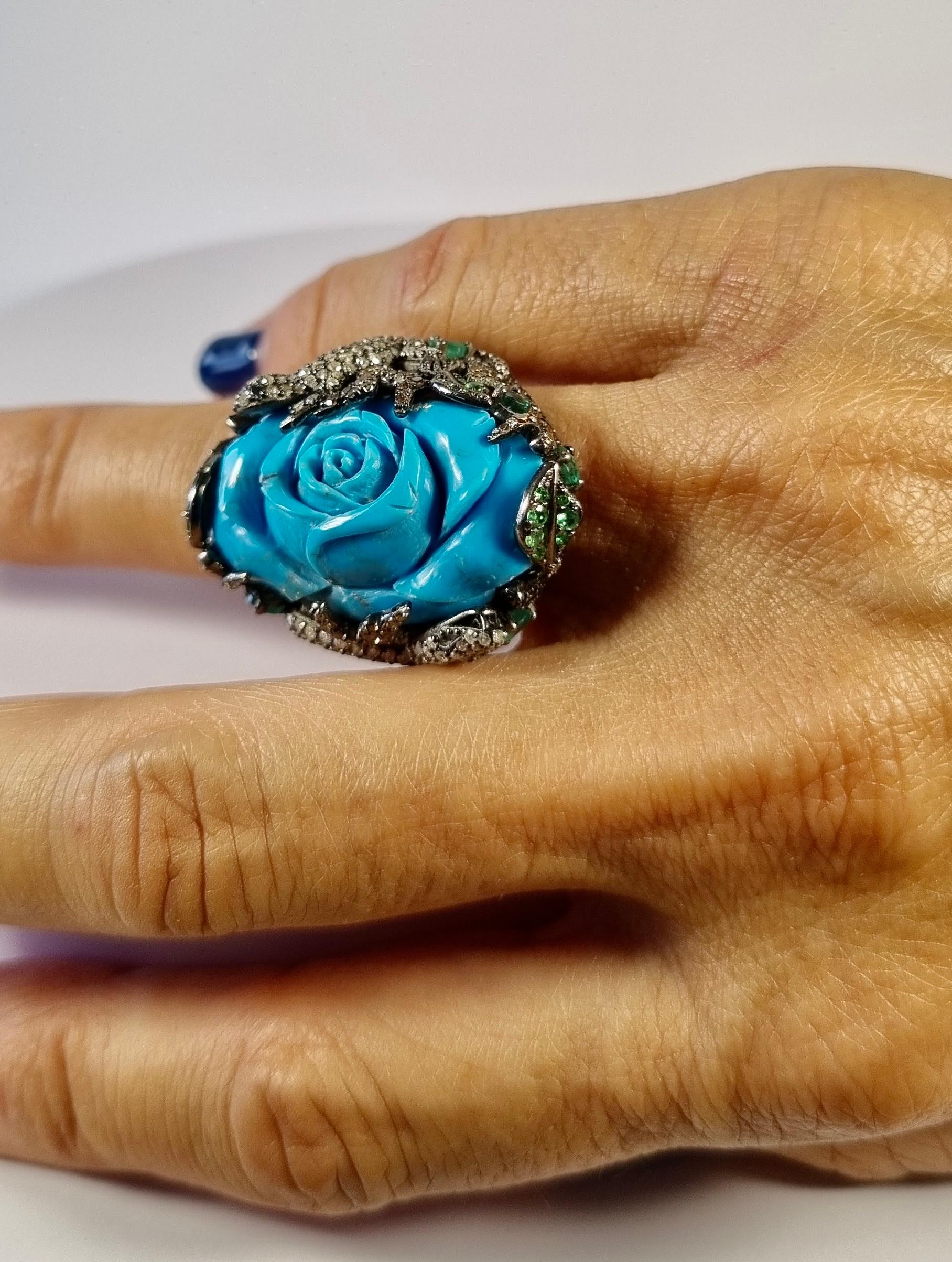 Brilliant Cut Turquoise Flower Ring with Diamonds, Emeralds, Tsavorites in 18k Gold Silver For Sale