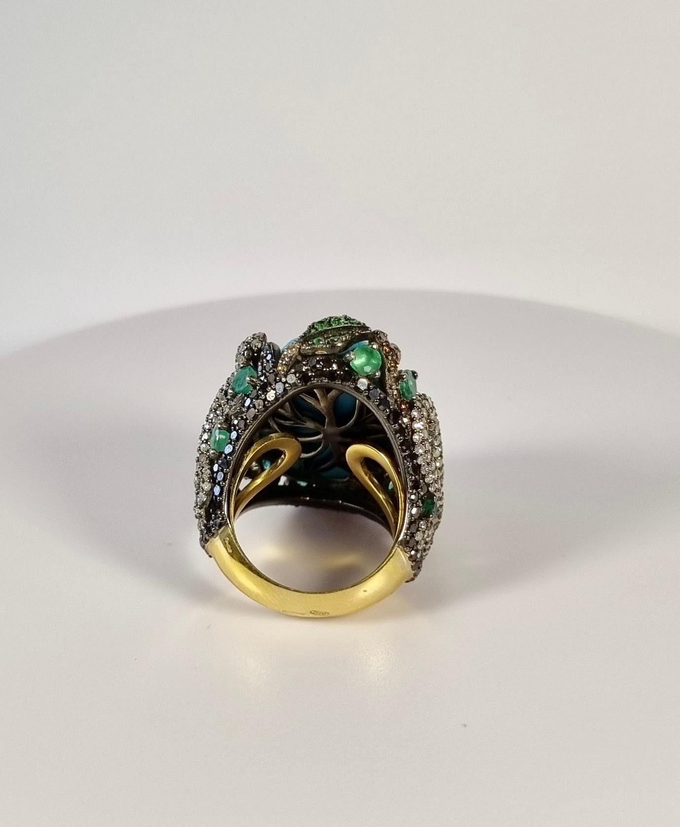 Turquoise Flower Ring with Diamonds, Emeralds, Tsavorites in 18k Gold Silver In New Condition For Sale In Bilbao, ES