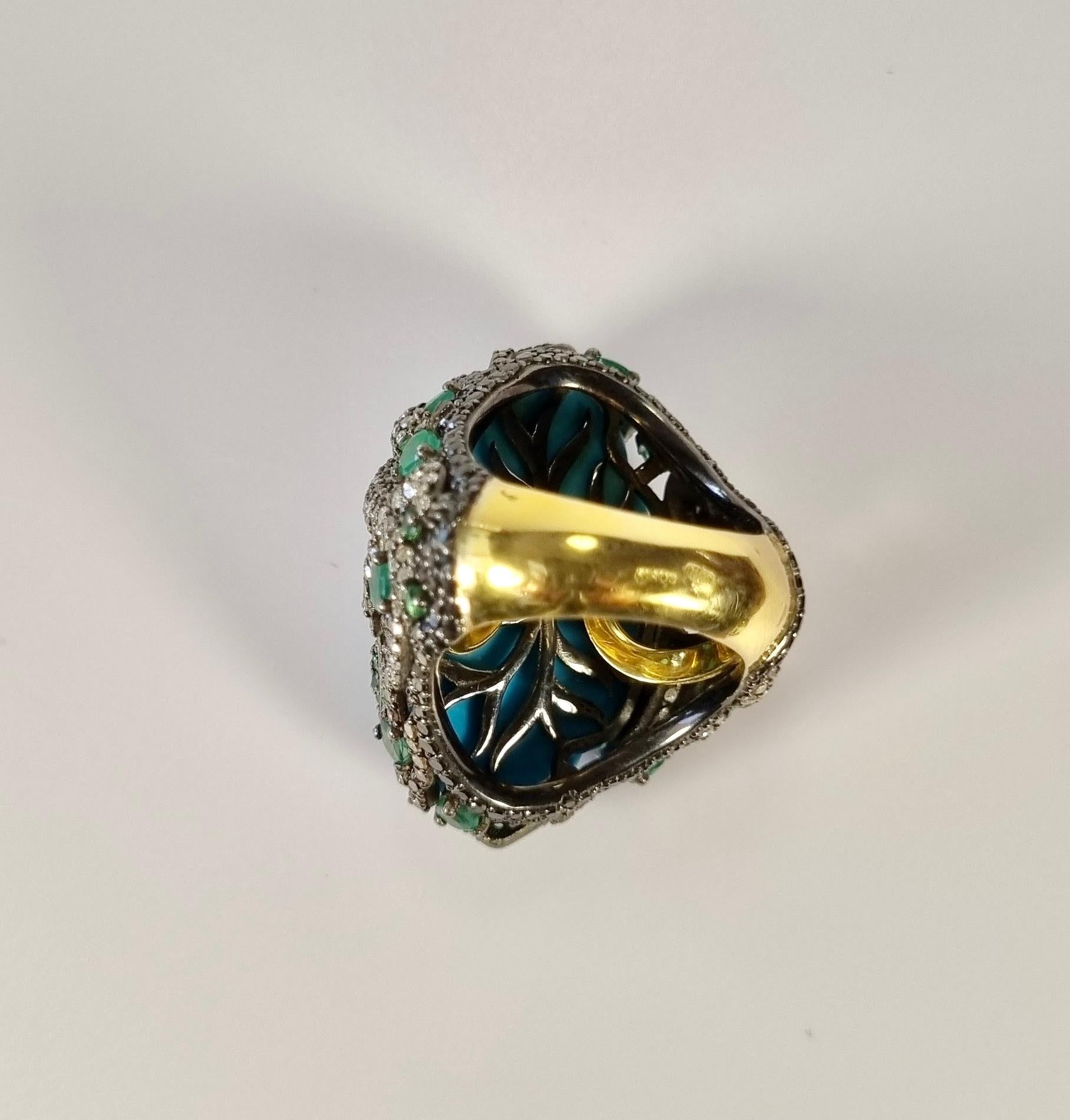 Women's Turquoise Flower Ring with Diamonds, Emeralds, Tsavorites in 18k Gold Silver For Sale