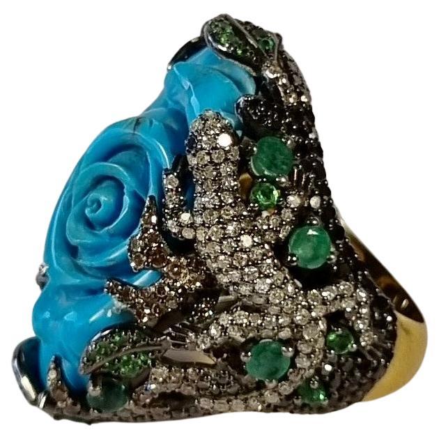 Turquoise Flower Ring with Diamonds, Emeralds, Tsavorites in 18k Gold Silver For Sale