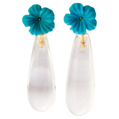 Turquoise Flower Rock Crystal 18 Karat Gold Drop Dangle Modern Italian Earrings