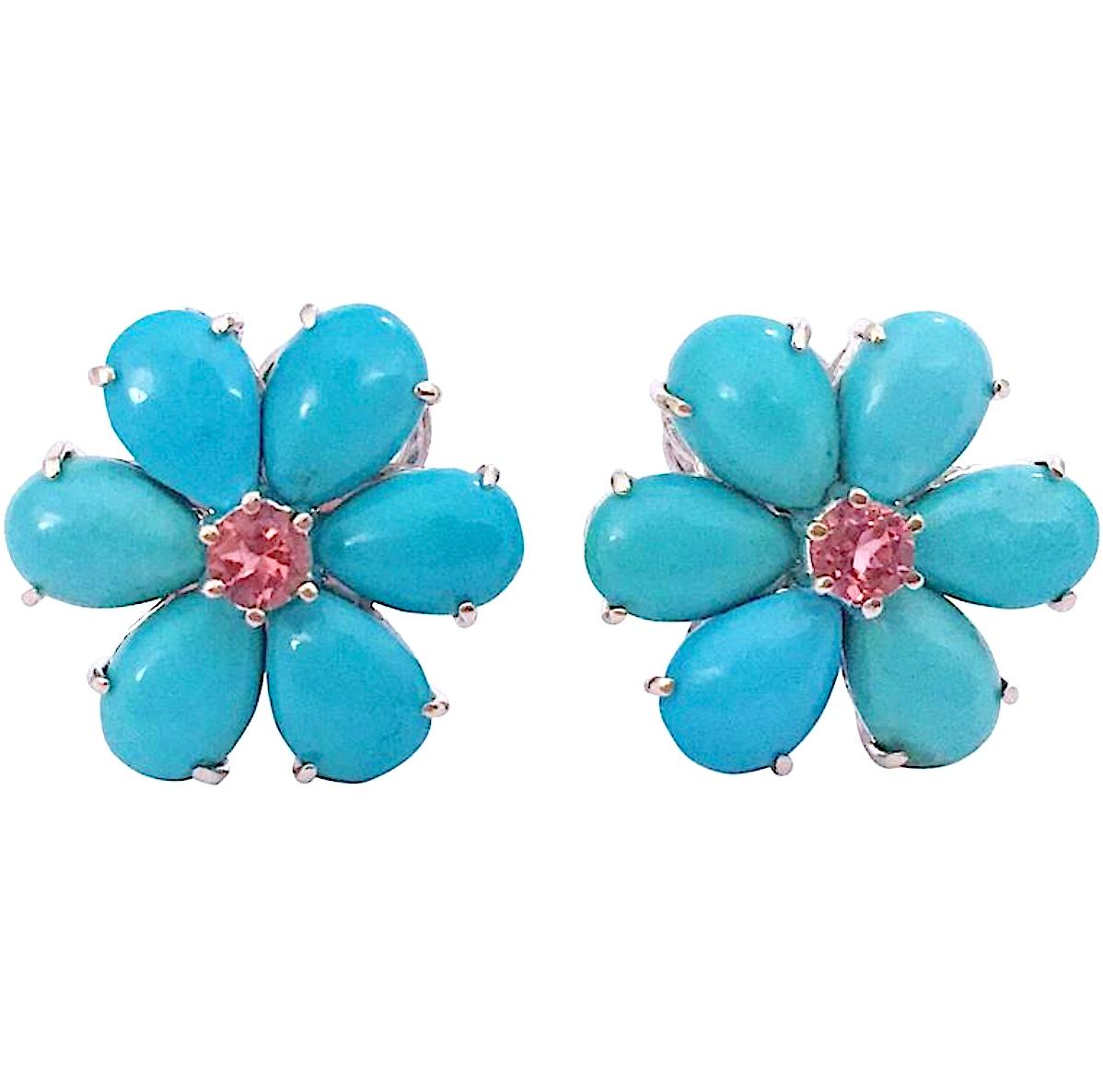 Cabochon Christina Addison Turquoise Flower Stud Earrings with Diamond Center