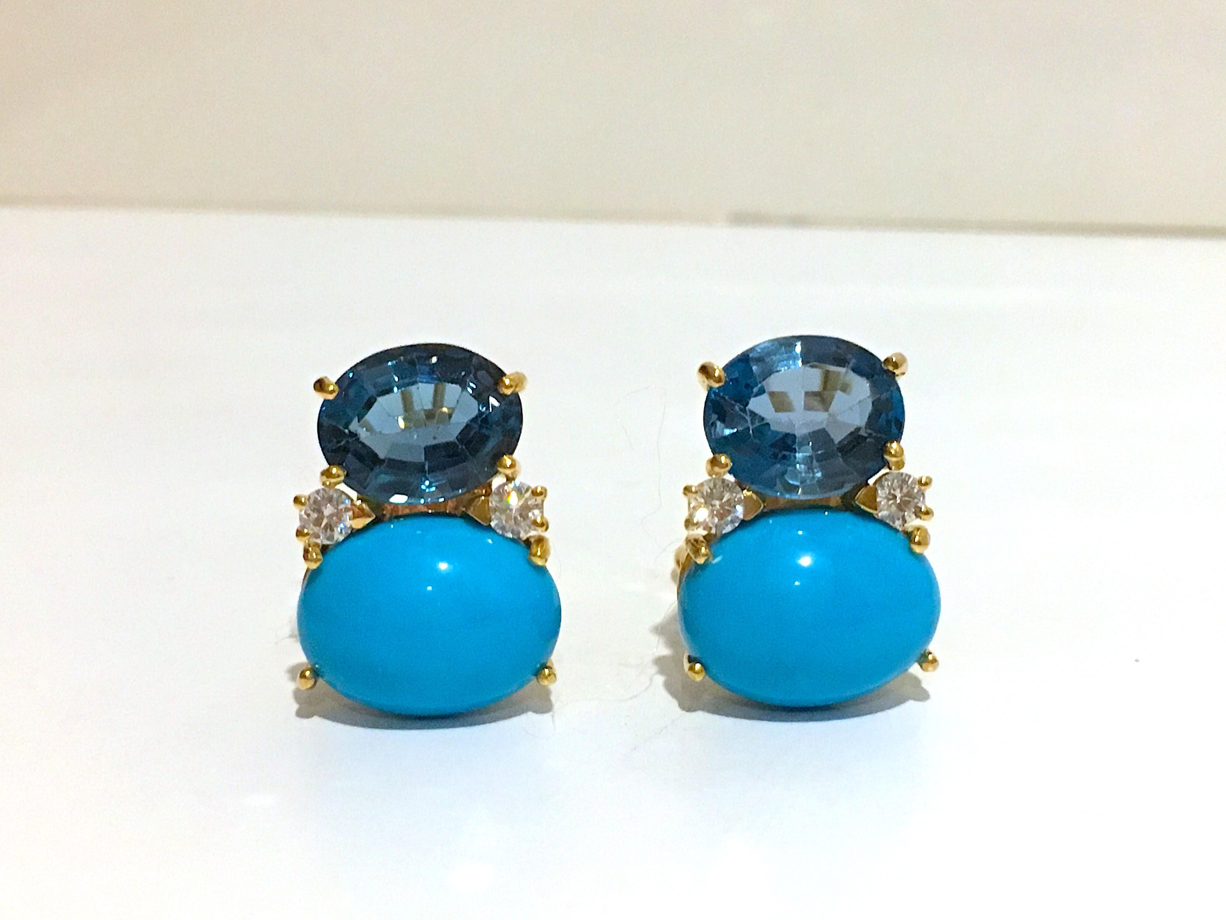 Cabochon Turquoise Flower Stud Earrings with Diamond Center For Sale