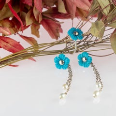 Turquoise Flowers Sterling Silver Freshwater Pearls Dangle Earrings Ring Set