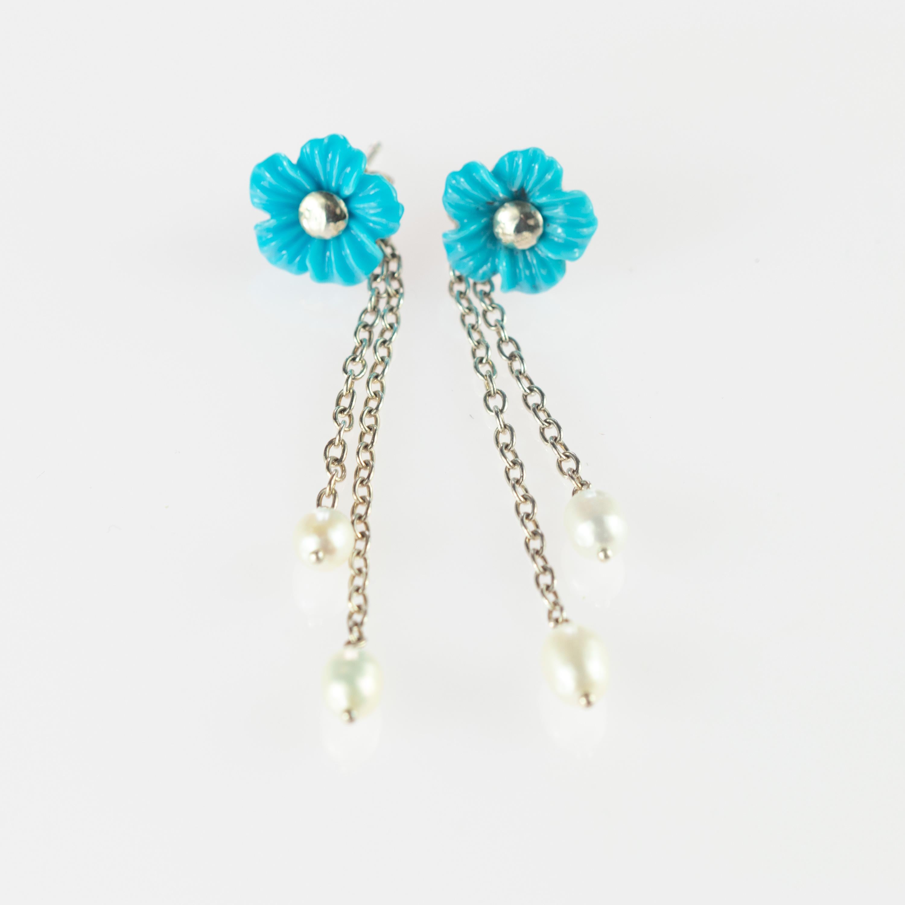 Taglio misto Fiori di turchese - Set di orecchini pendenti con perle d'acqua dolce in argento Sterling in vendita