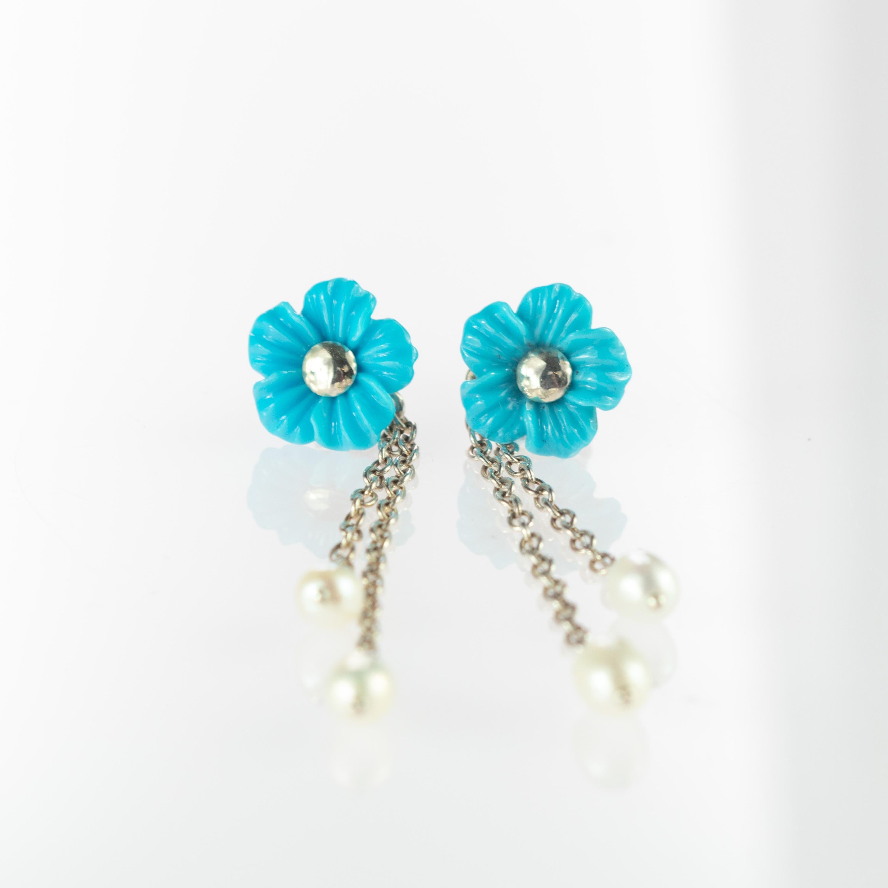 Fiori di turchese - Set di orecchini pendenti con perle d'acqua dolce in argento Sterling in vendita 2