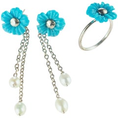 Turquoise Flowers Sterling Silver Freshwater Pearls Dangle Earrings Ring Set
