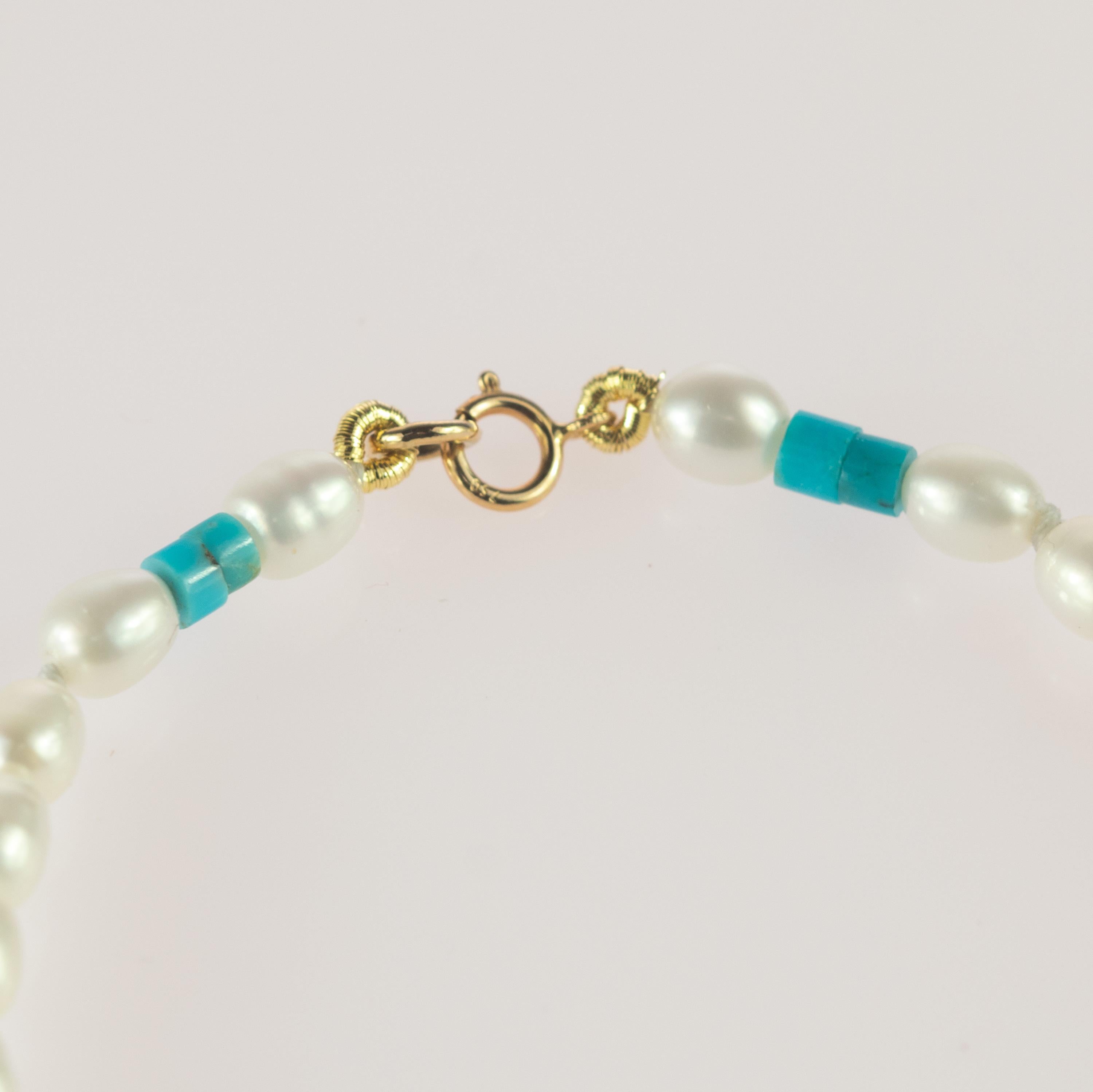 Arts and Crafts Turquoise Freshwater Pearl 18 Karat Yellow Gold Beaded Handmade Modern Bracelet For Sale