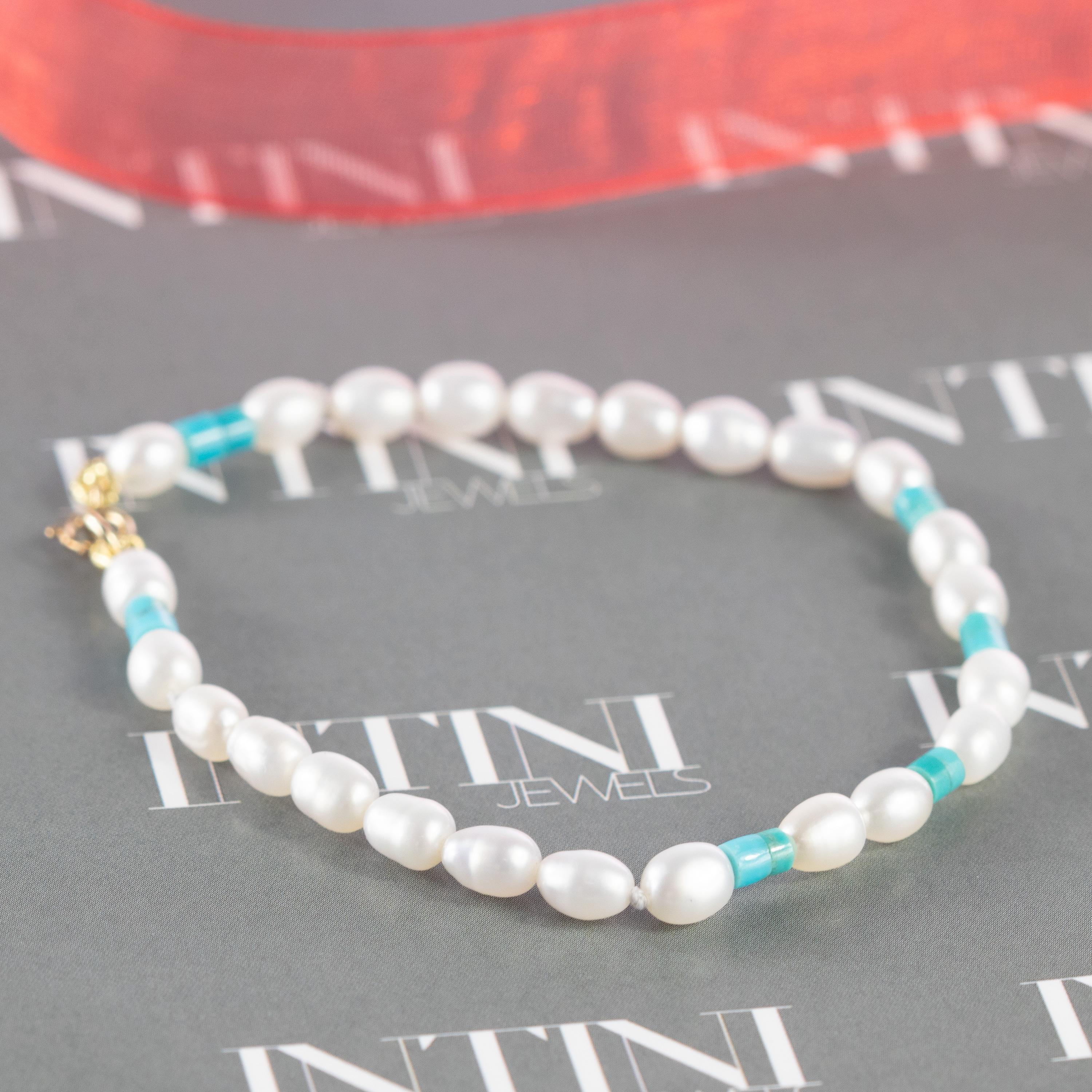 Turquoise Freshwater Pearl 18 Karat Yellow Gold Beaded Handmade Modern Bracelet In New Condition For Sale In Milano, IT