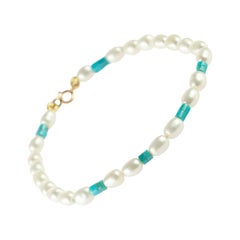Turquoise Freshwater Pearl 18 Karat Yellow Gold Beaded Handmade Modern Bracelet