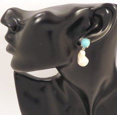 Turquoise Freshwater Pearl 9 Karat White Gold Stud Earrings Handcrafted in Italy