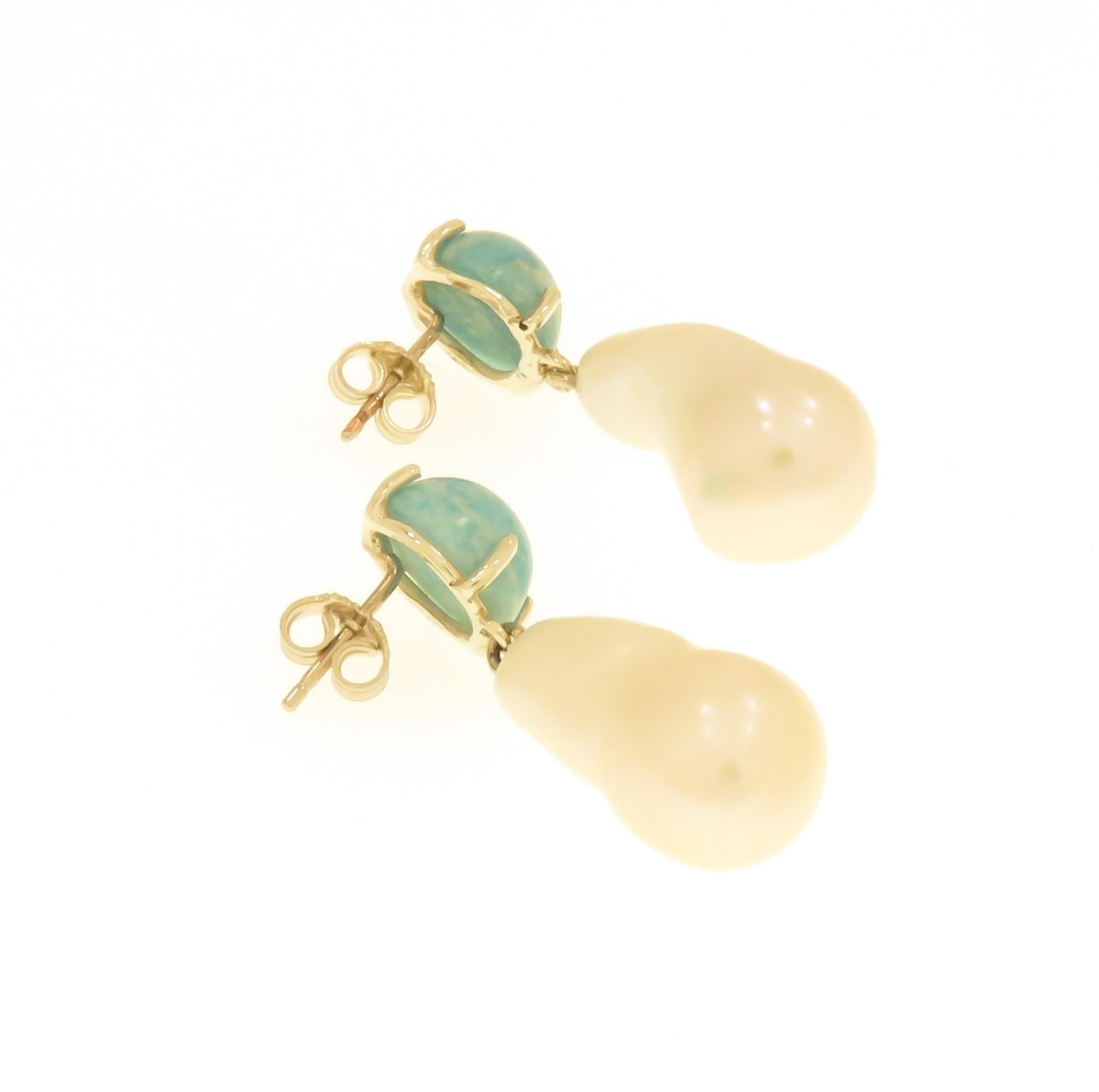 Cabochon Turquoise Freshwater Pearl 9 Karat White Gold Stud Earrings Handcrafted in Italy For Sale