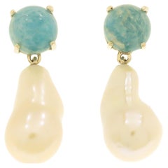 Turquoise Freshwater Pearl 9 Karat White Gold Stud Earrings Handcrafted in Italy