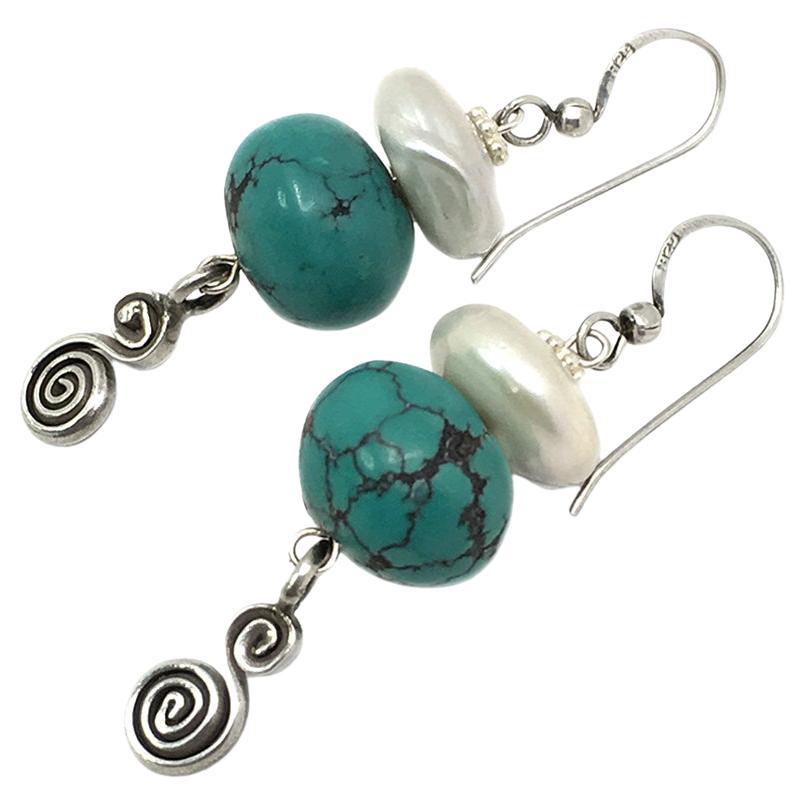 Turquoise & Freshwater Pearl Dangle Earrings For Sale