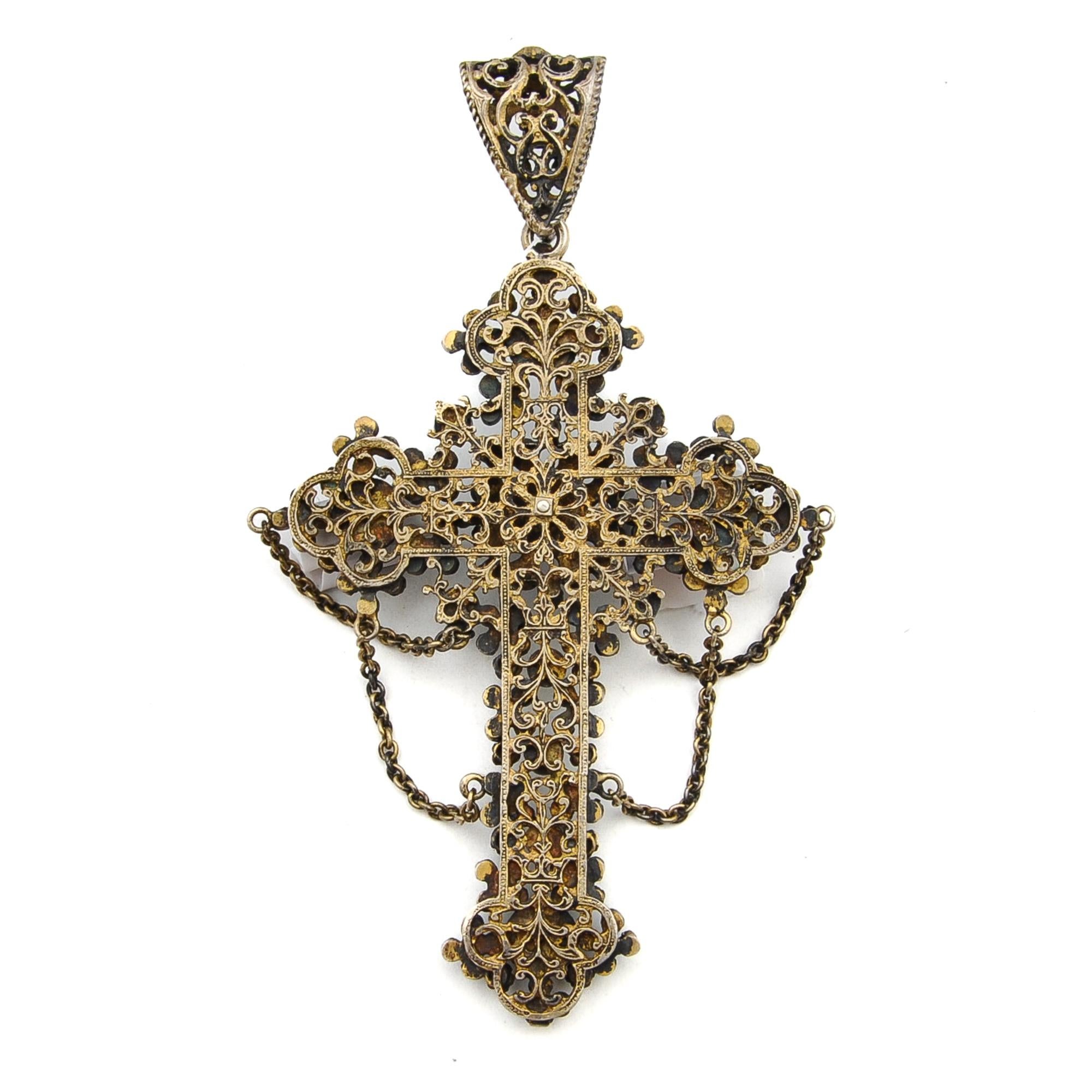 Pendentif croix ancien austro-hongrois turquoise grenat émaillé Unisexe en vente