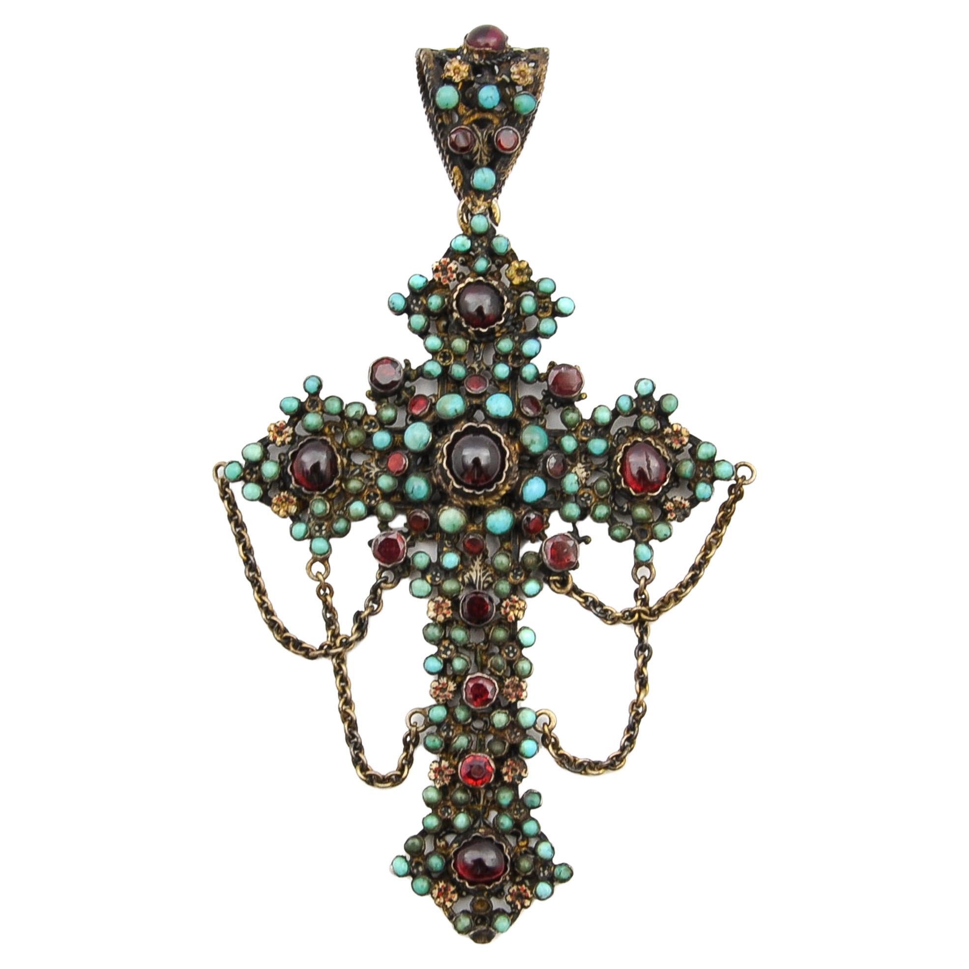 Turquoise Garnet Enamel Austro-Hungarian 1860s Gilt Religious Cross Pendant