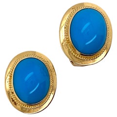 Turquoise Gemstone 18 Karat Yellow Gold Lever-Back Earrings Turquoise Gemstone 18 Karat Yellow Gold Lever-Back Earrings