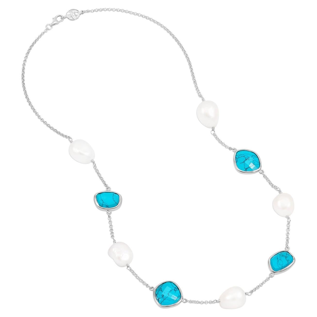 Turquoise Gemstone & Baroque Pearl Pebble Necklace In Sterling Silver For Sale