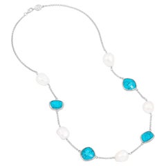 Turquoise Gemstone & Baroque Pearl Pebble Necklace In Sterling Silver