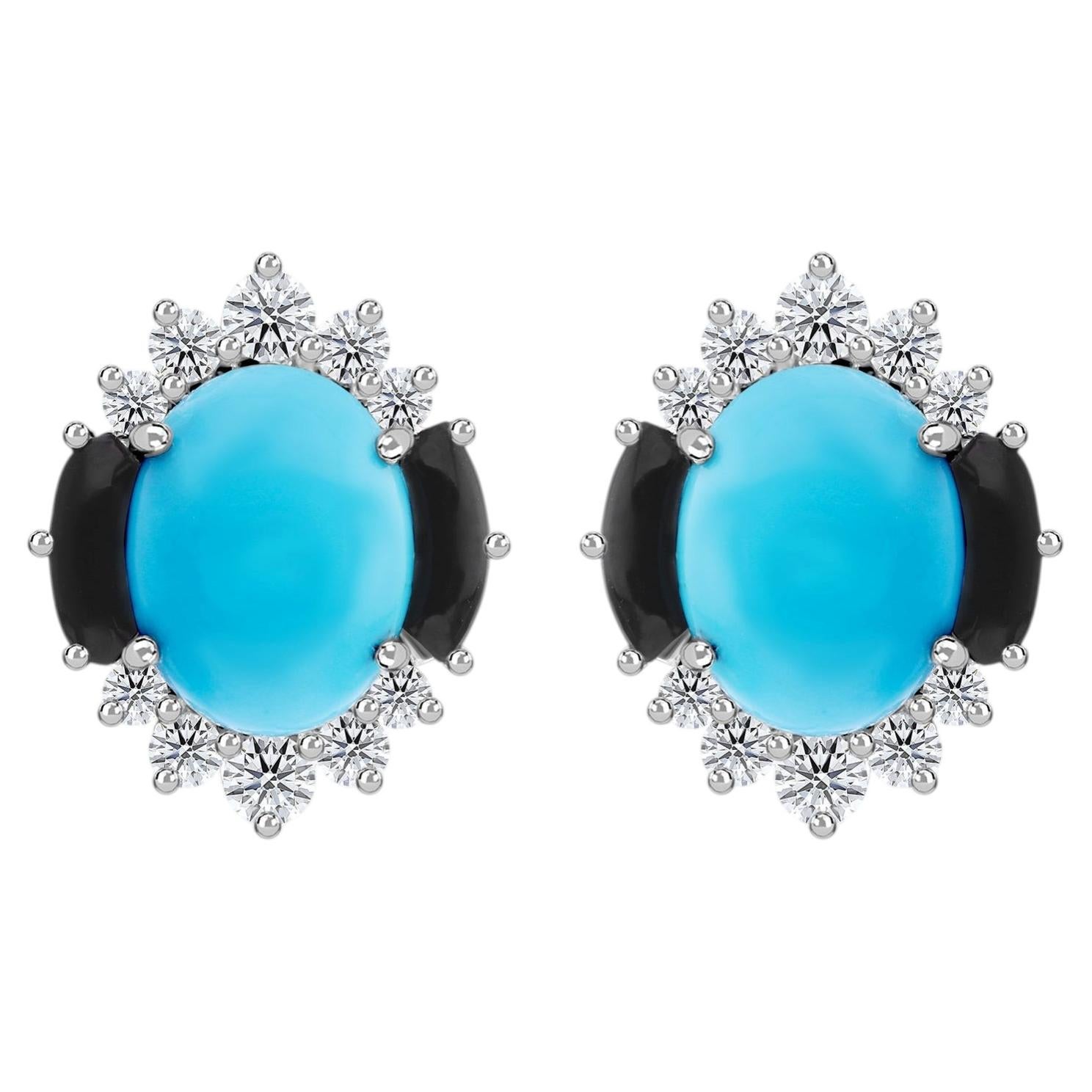 Turquoise Gemstone Black Onyx SI/H Diamond Earrings 14 Karat White Gold