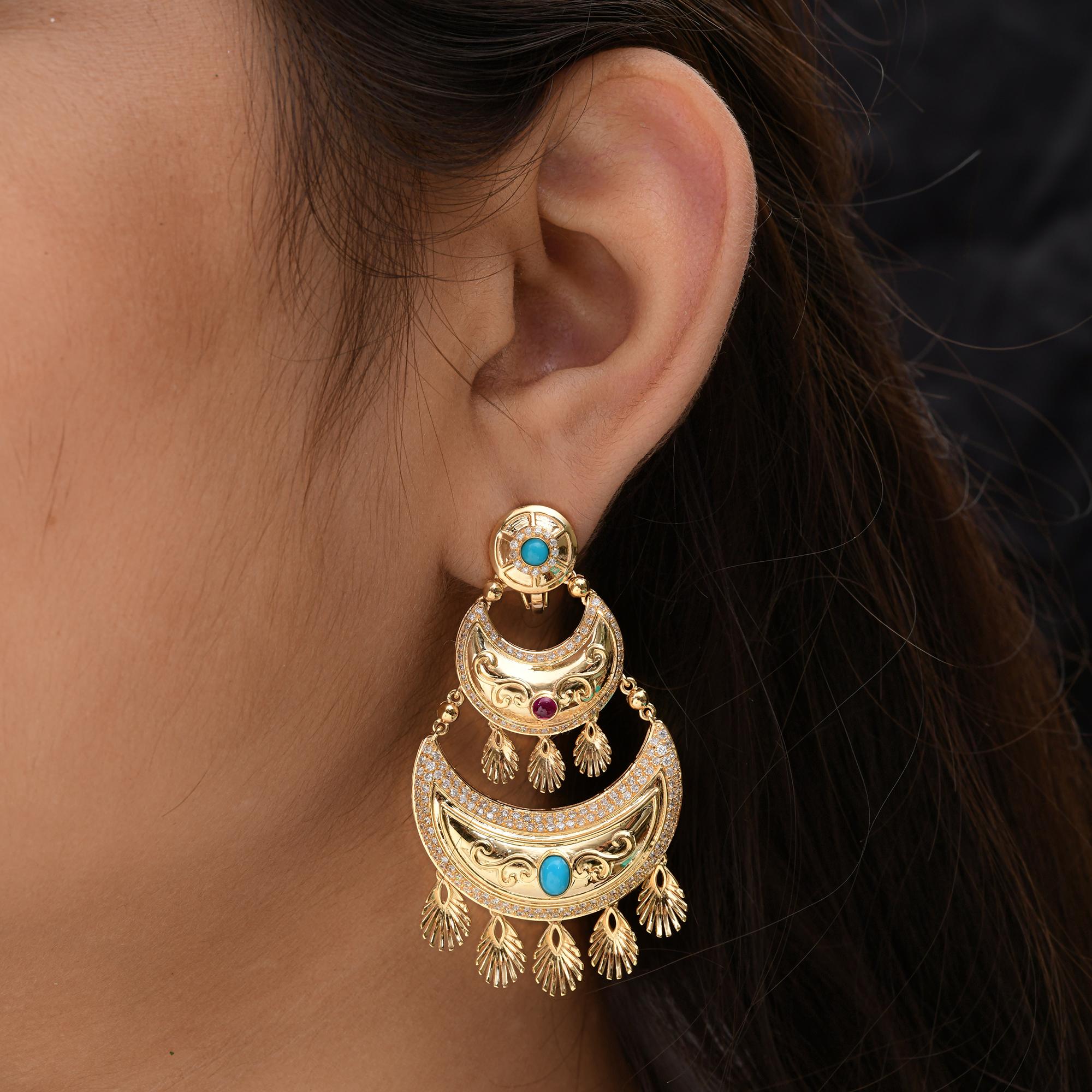Round Cut Turquoise Gemstone Dangle Earrings SI/H Diamond 18 Karat Yellow Gold Jewelry For Sale