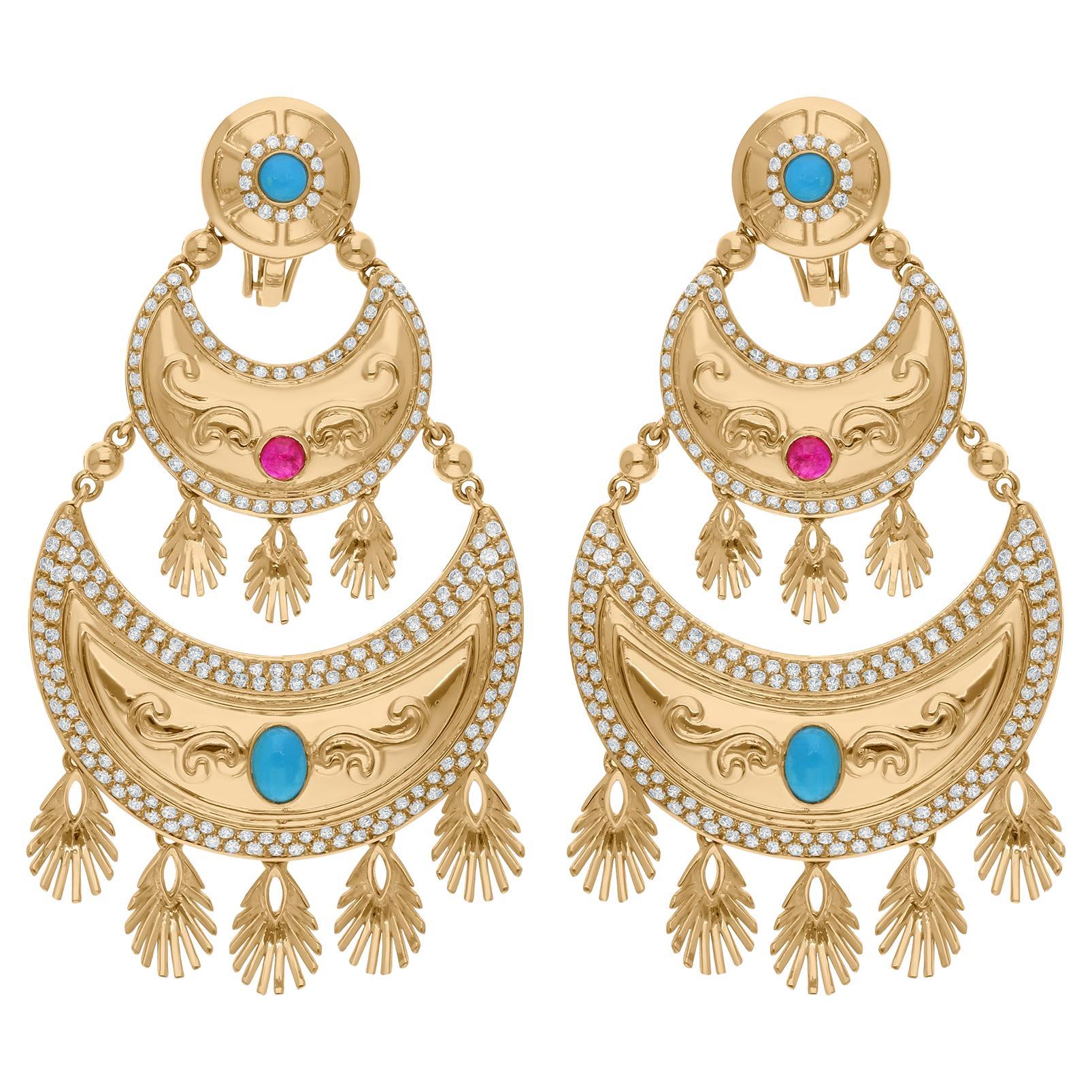Turquoise Gemstone Dangle Earrings SI/H Diamond 18 Karat Yellow Gold Jewelry