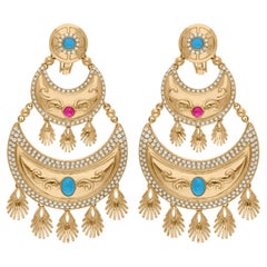 Pendientes Colgantes de Turquesa SI/H Diamante Joyas de Oro Amarillo de 18 Kilates
