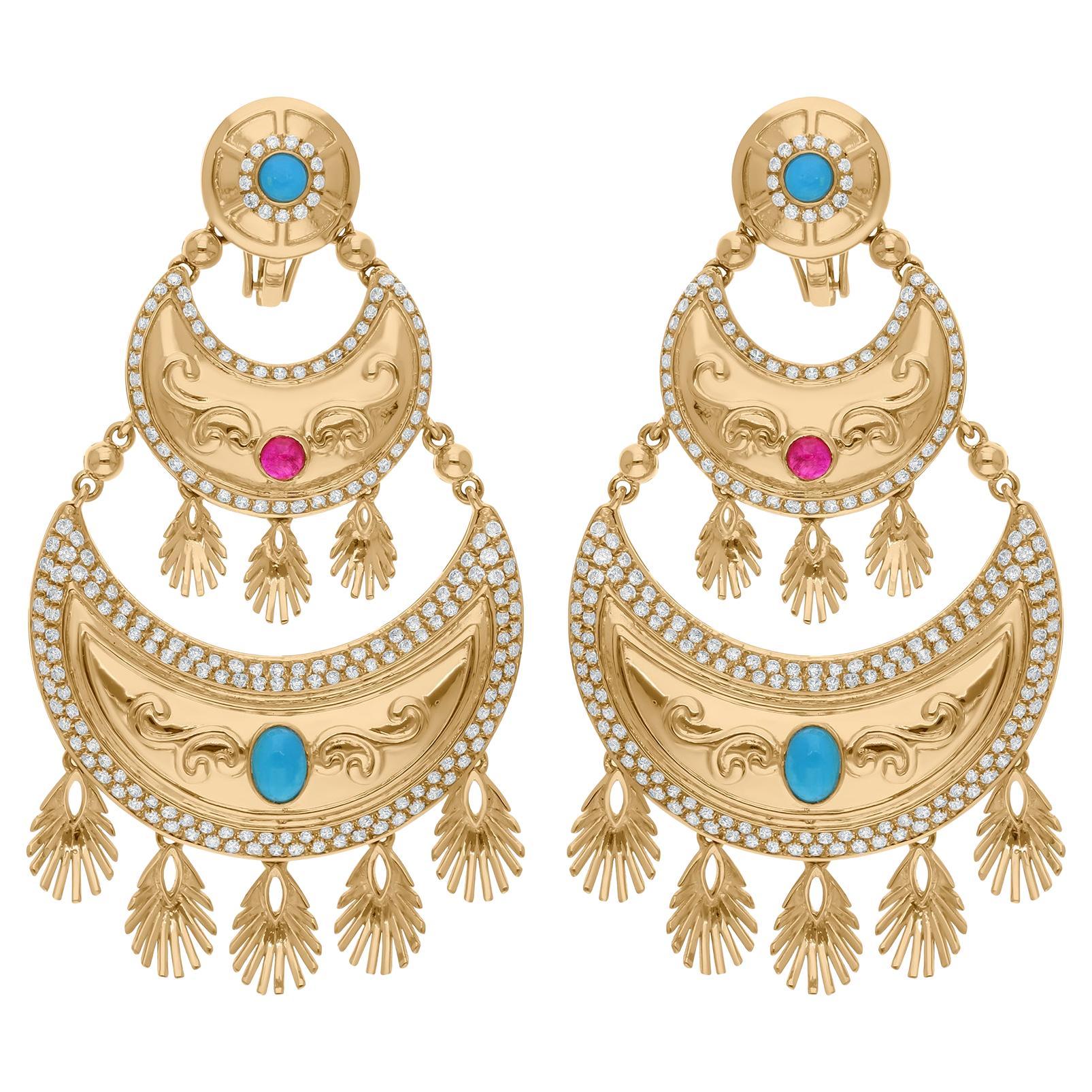 Boucles d'oreilles pendantes en or jaune 18 carats avec diamant et pierre turquoise SI/H en vente