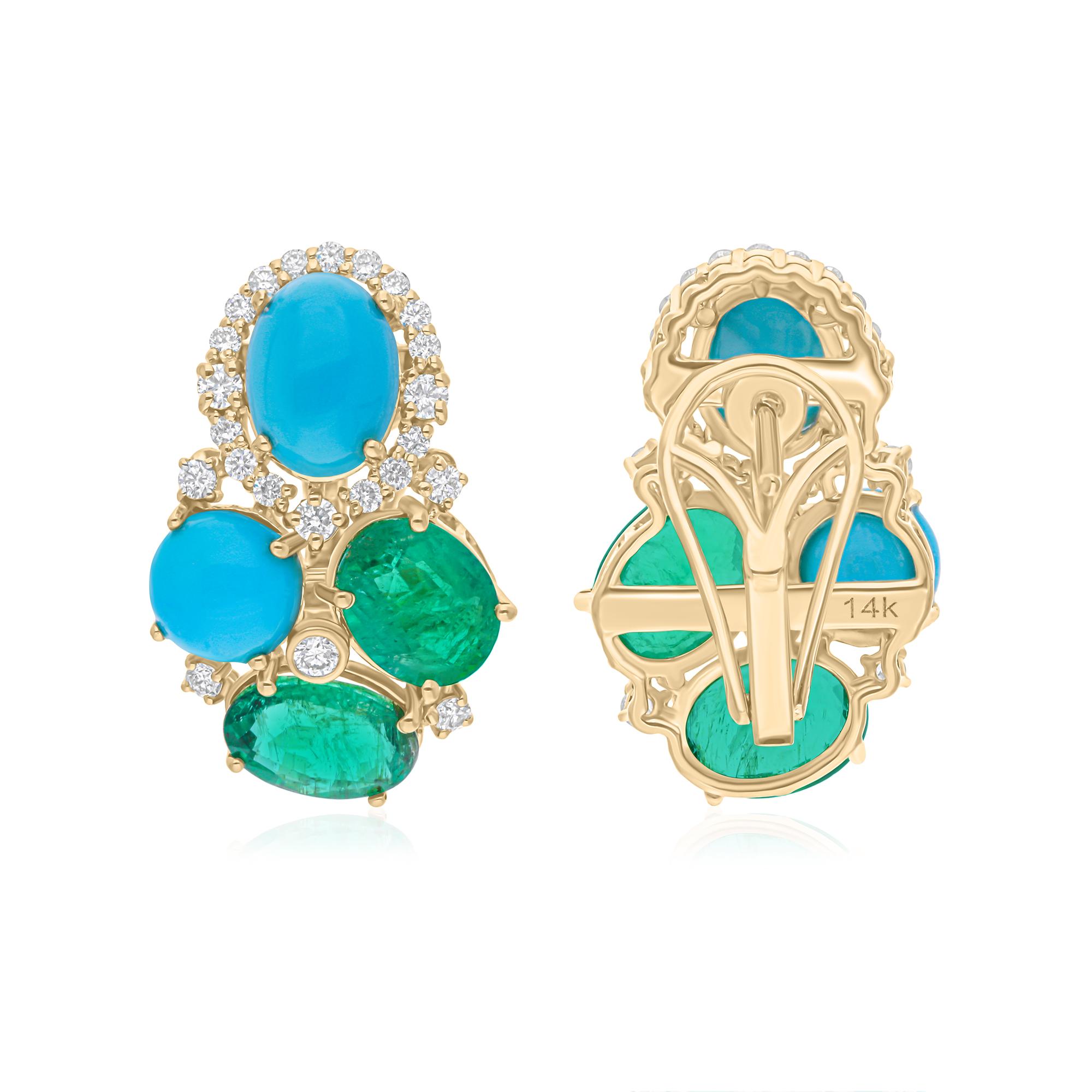 Cast from 14-karat gold, these exquisite earrings are handset with 4.28 carats Zambian emerald, 4.70 carats turquoise and 0.63 carats of sparkling diamonds.

FOLLOW SPECTRUM JEWELS storefront to view the latest collection & exclusive pieces.