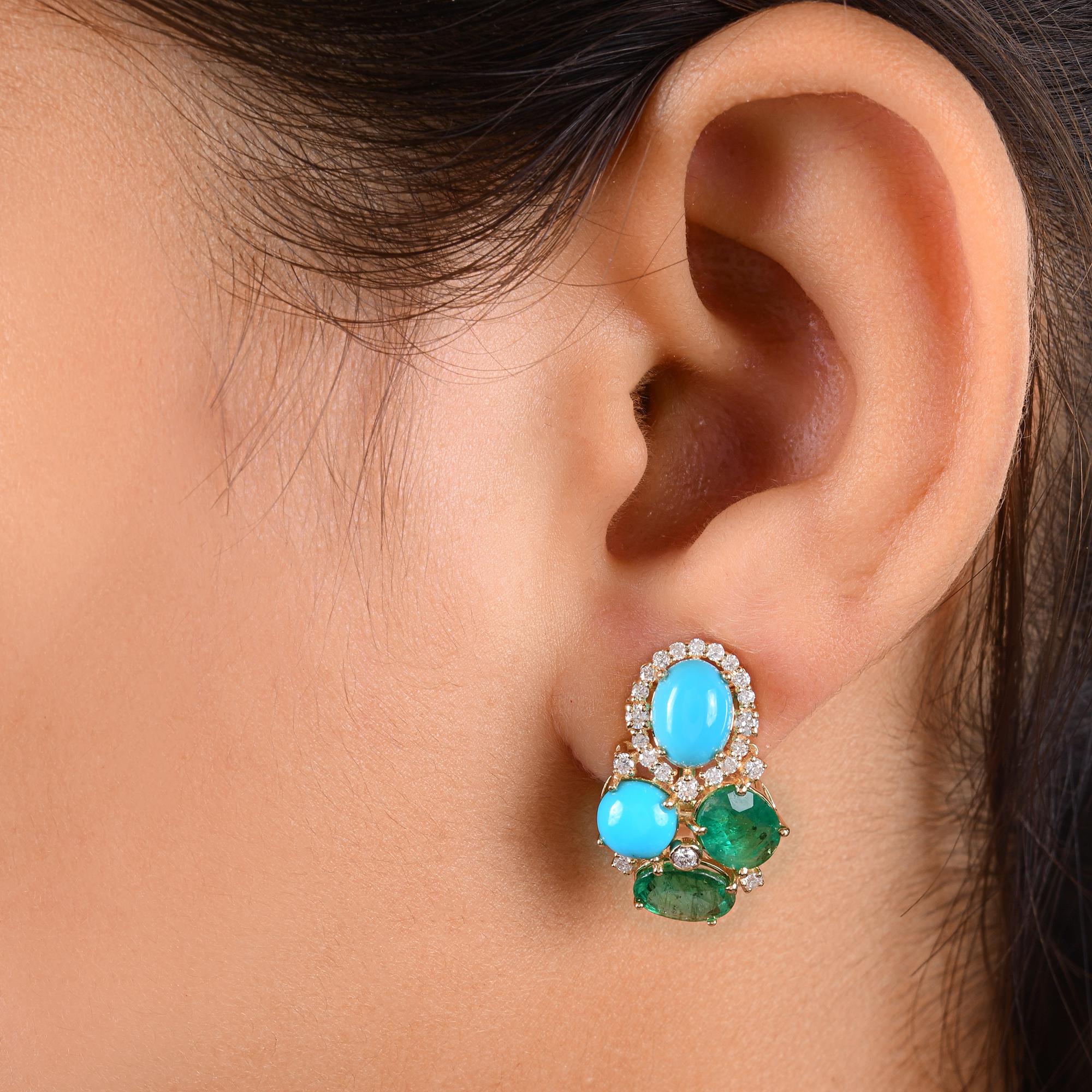 Modern Turquoise Gemstone Earrings Zambian Emerald Diamond 14 Karat Yellow Gold Jewelry For Sale