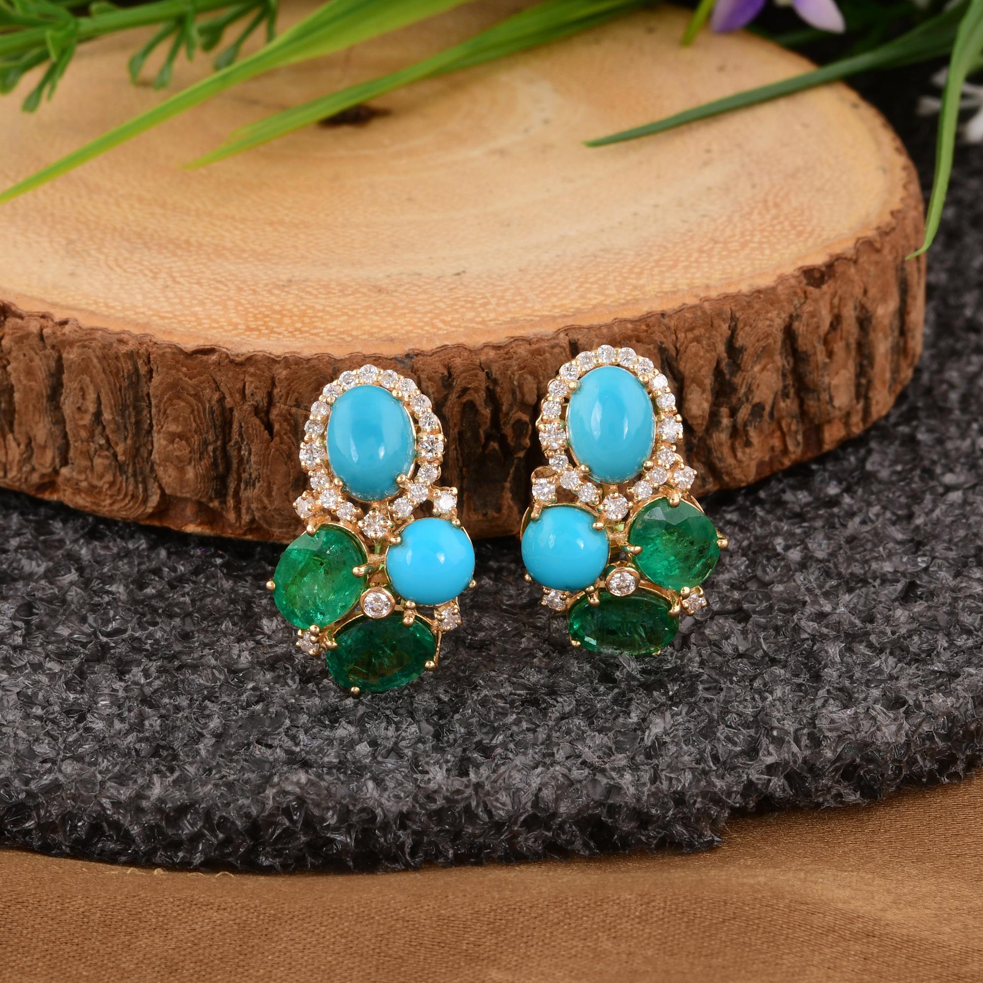 Oval Cut Turquoise Gemstone Earrings Zambian Emerald Diamond 14 Karat Yellow Gold Jewelry For Sale