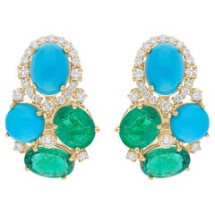 Turquoise Gemstone Earrings Zambian Emerald Diamond 14 Karat Yellow Gold Jewelry