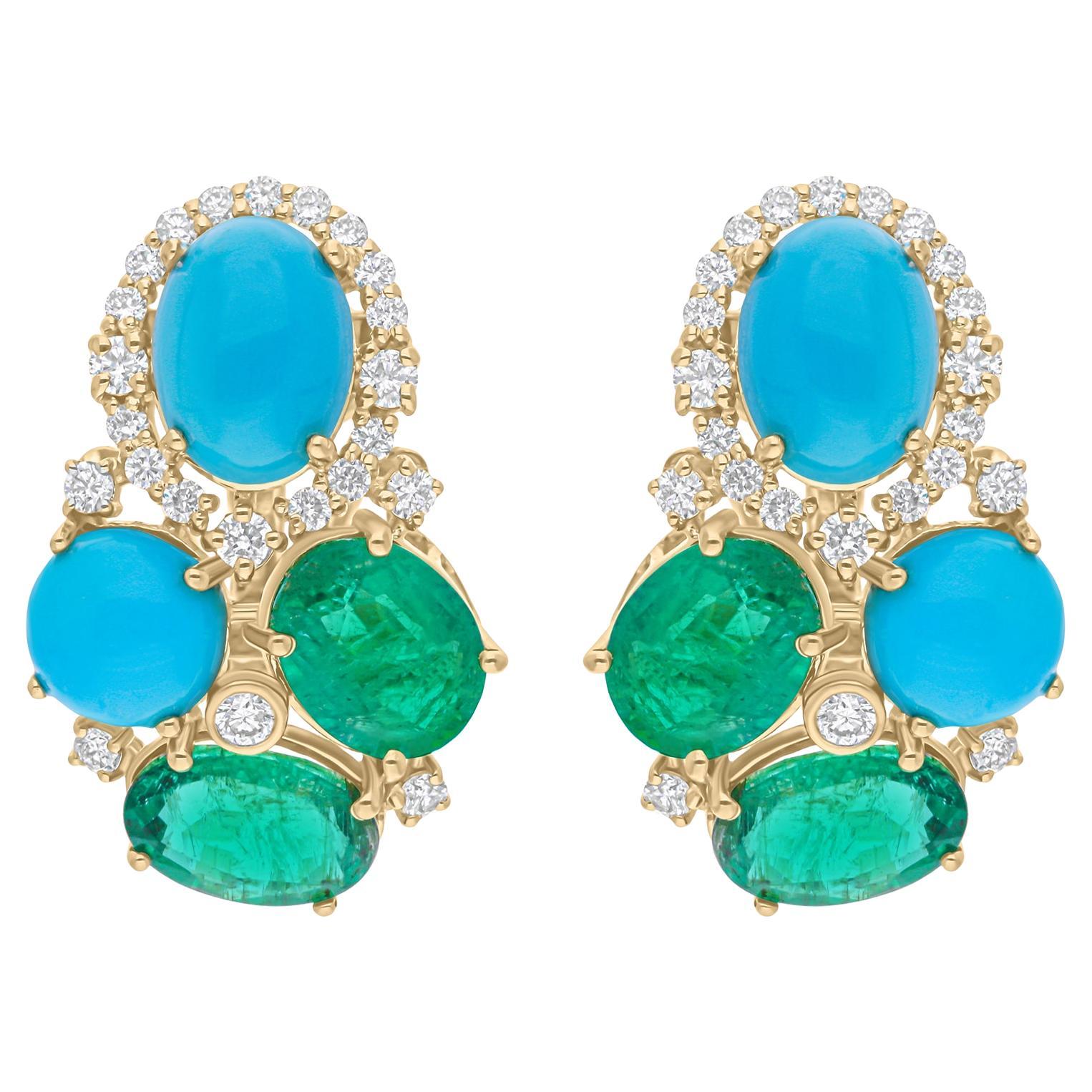 Turquoise Gemstone Earrings Zambian Emerald Diamond 14 Karat Yellow Gold Jewelry
