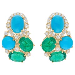 Turquoise Gemstone Earrings Zambian Emerald Diamond 14 Karat Yellow Gold Jewelry