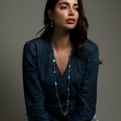 Turquoise Gemstones & Pebbles Long Necklace In Sterling Silver