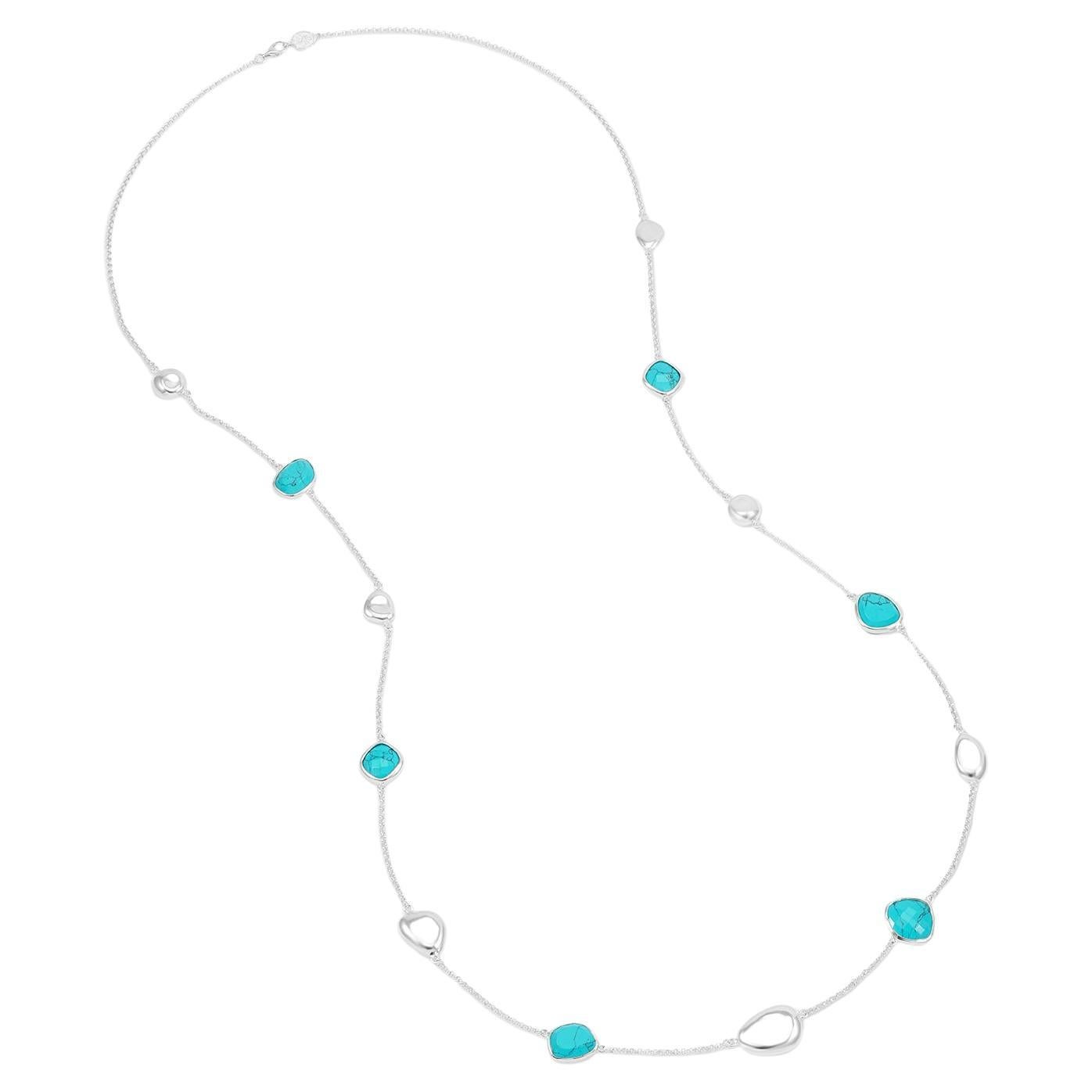 Turquoise Gemstones & Pebbles Long Necklace In Sterling Silver