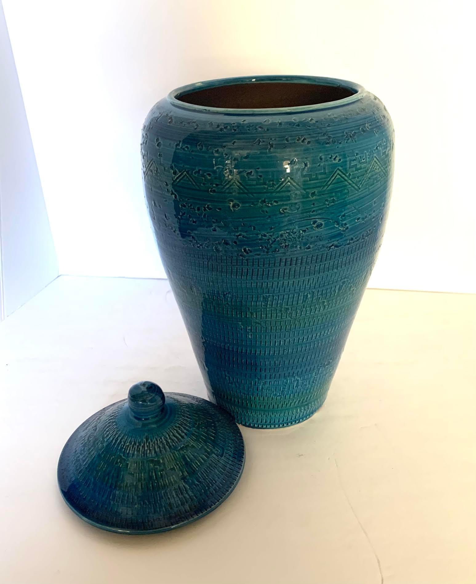 20th Century Turquoise Geometric Textured Pattern Lidded Vase, France, Mid Century For Sale