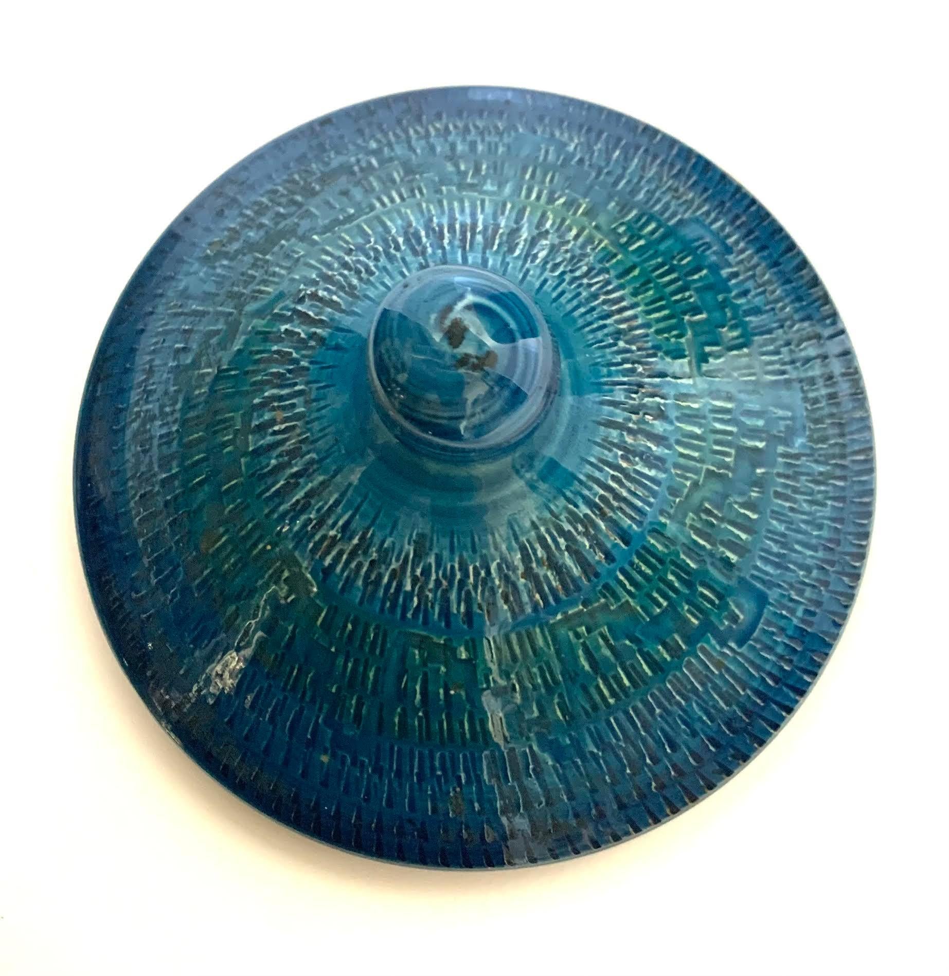 Ceramic Turquoise Geometric Textured Pattern Lidded Vase, France, Mid Century For Sale