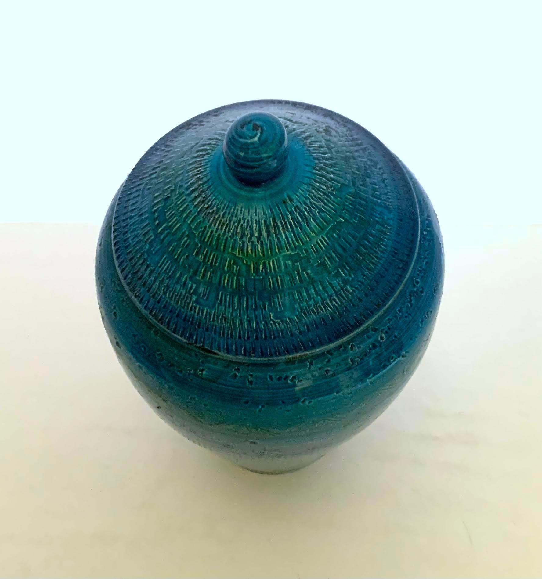 Turquoise Geometric Textured Pattern Lidded Vase, France, Mid Century For Sale 1