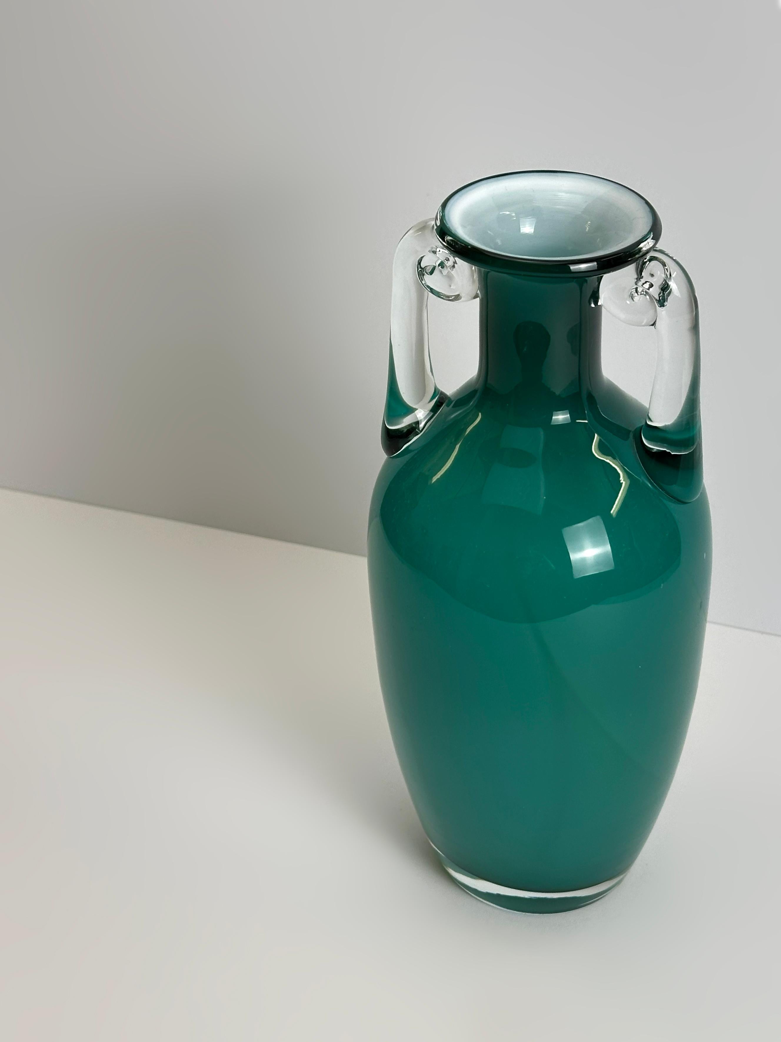 Hand-Crafted Turquoise Glass Amphora Vase, Jerzy Słuczan-Orkusz for Tarnowiec, Poland, 1980s For Sale