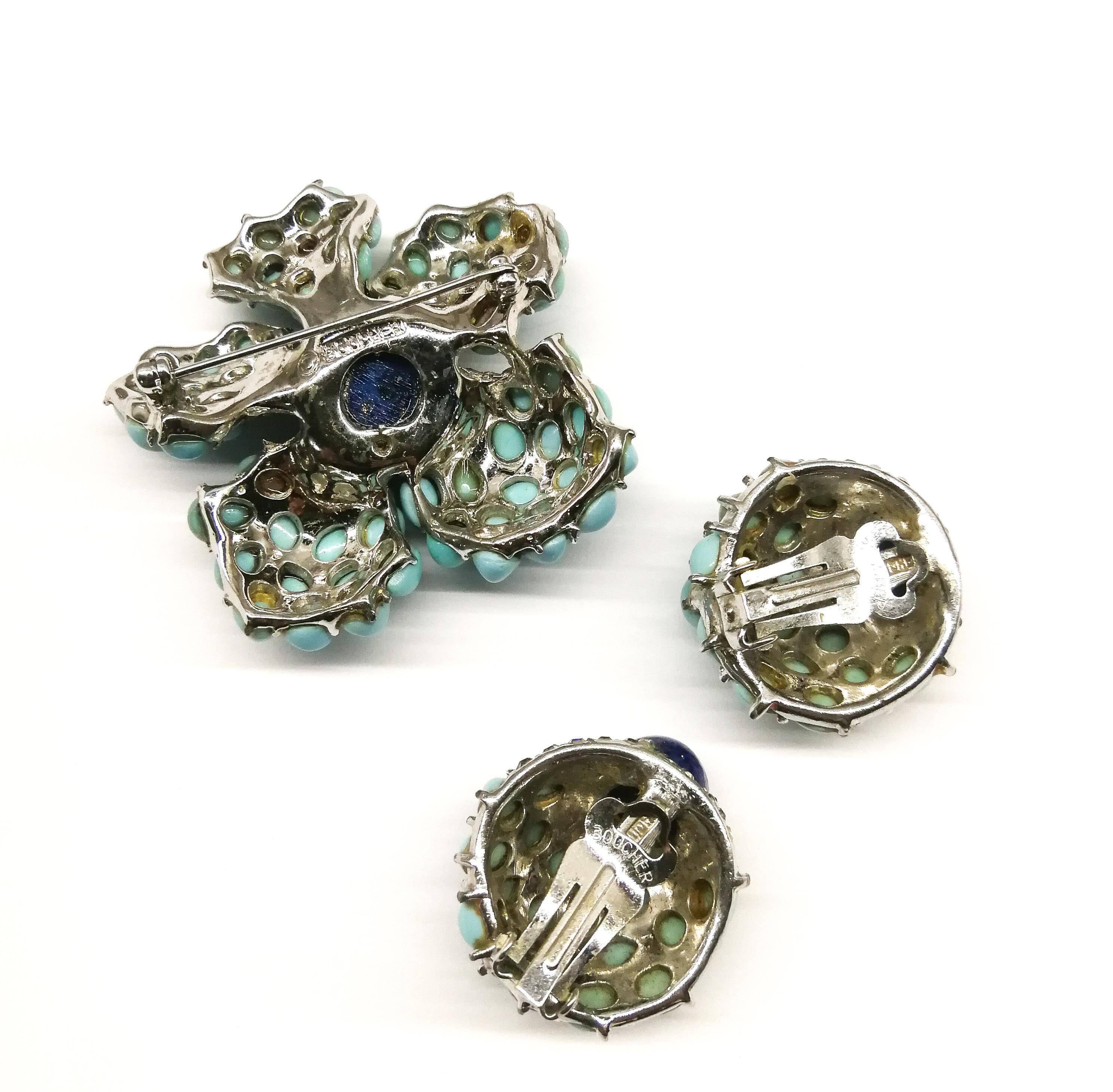 Cabuchon en verre turquoise, broche et boucles d'oreilles Marcel Boucher, années 1960 1