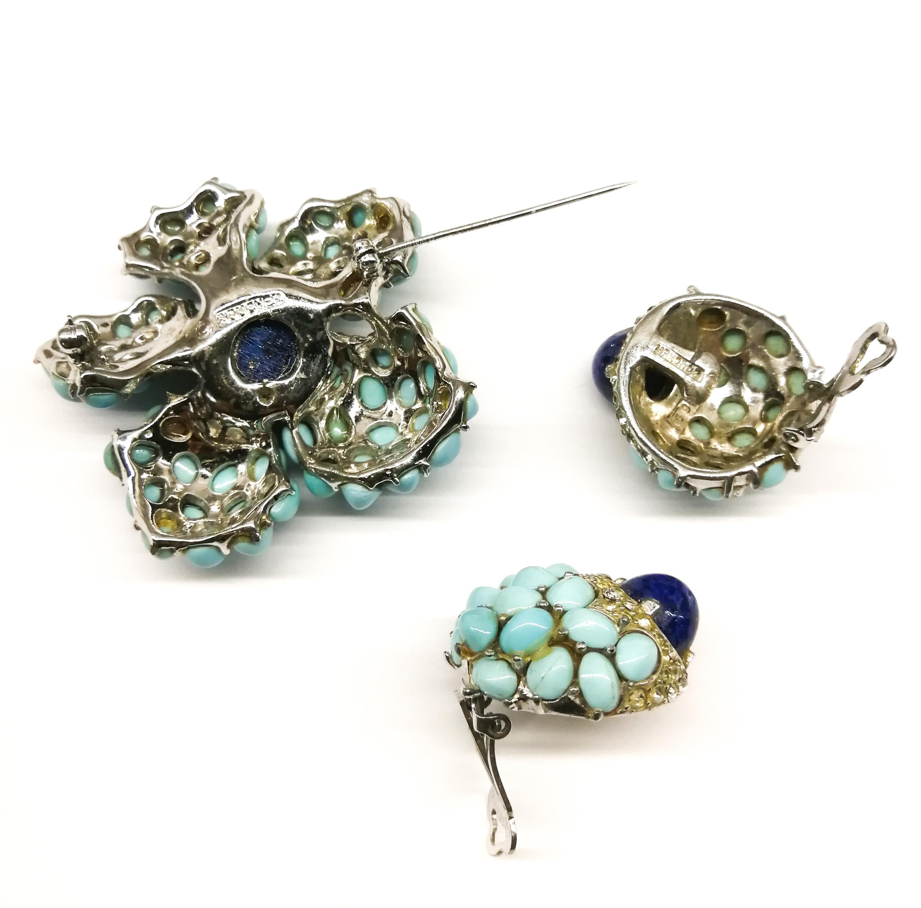 Turquoise glass cabuchon, clear paste brooch and earrings, Marcel Boucher, 1960s In Good Condition In Greyabbey, County Down