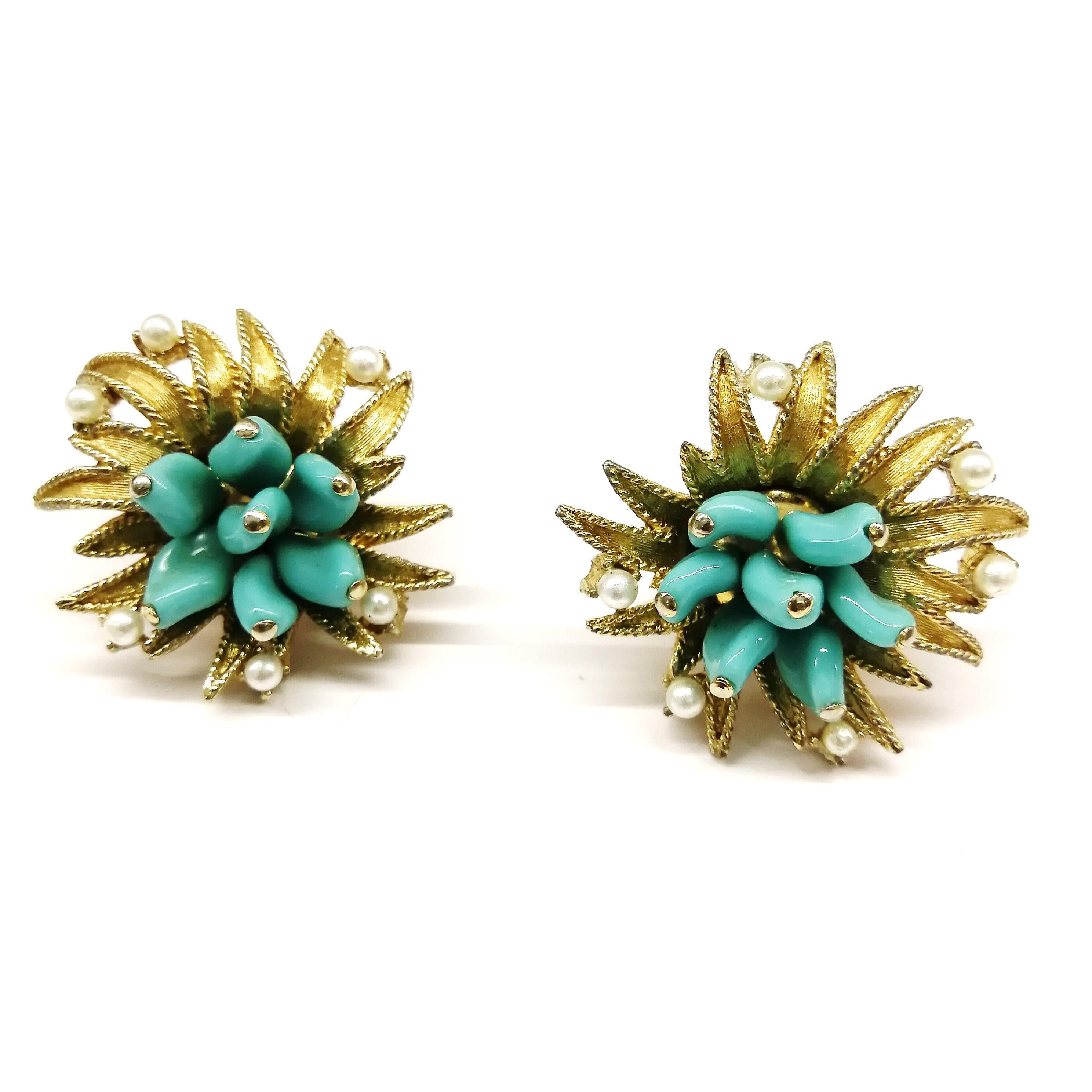 Women's Turquoise glass, paste pearls  and gilt metal earrings, Marcel Boucher, 1960s For Sale